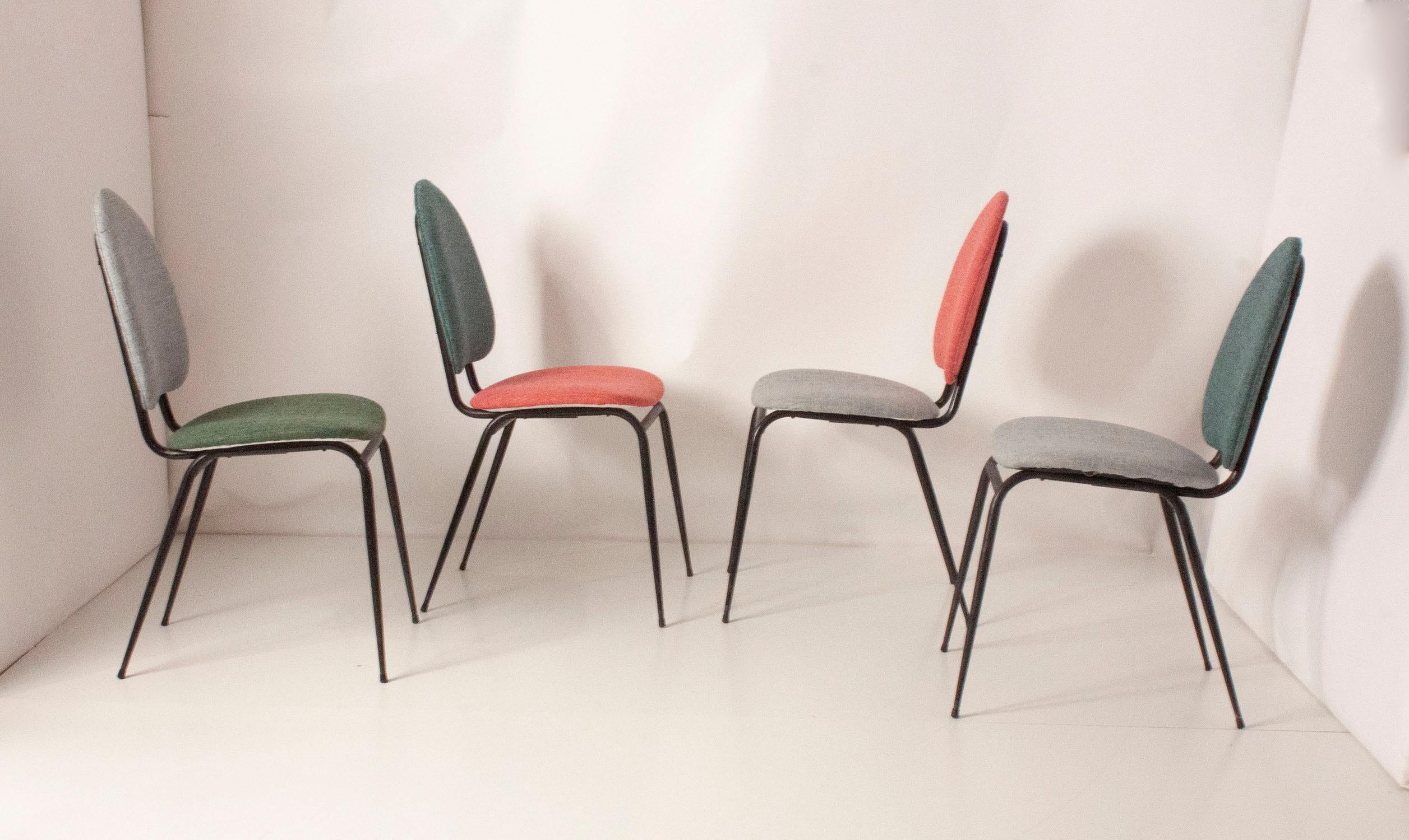 Spanish Set of Four Dining Chairs, in Various Colors, Spain, 1950s