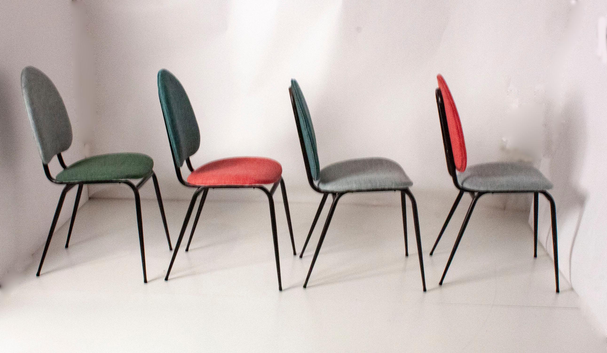 Mid-20th Century Set of Four Dining Chairs, in Various Colors, Spain, 1950s
