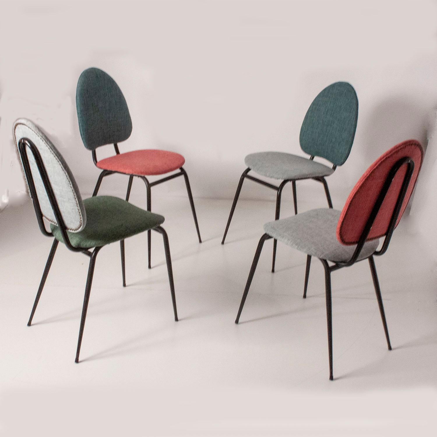Fabric Set of Four Dining Chairs, in Various Colors, Spain, 1950s