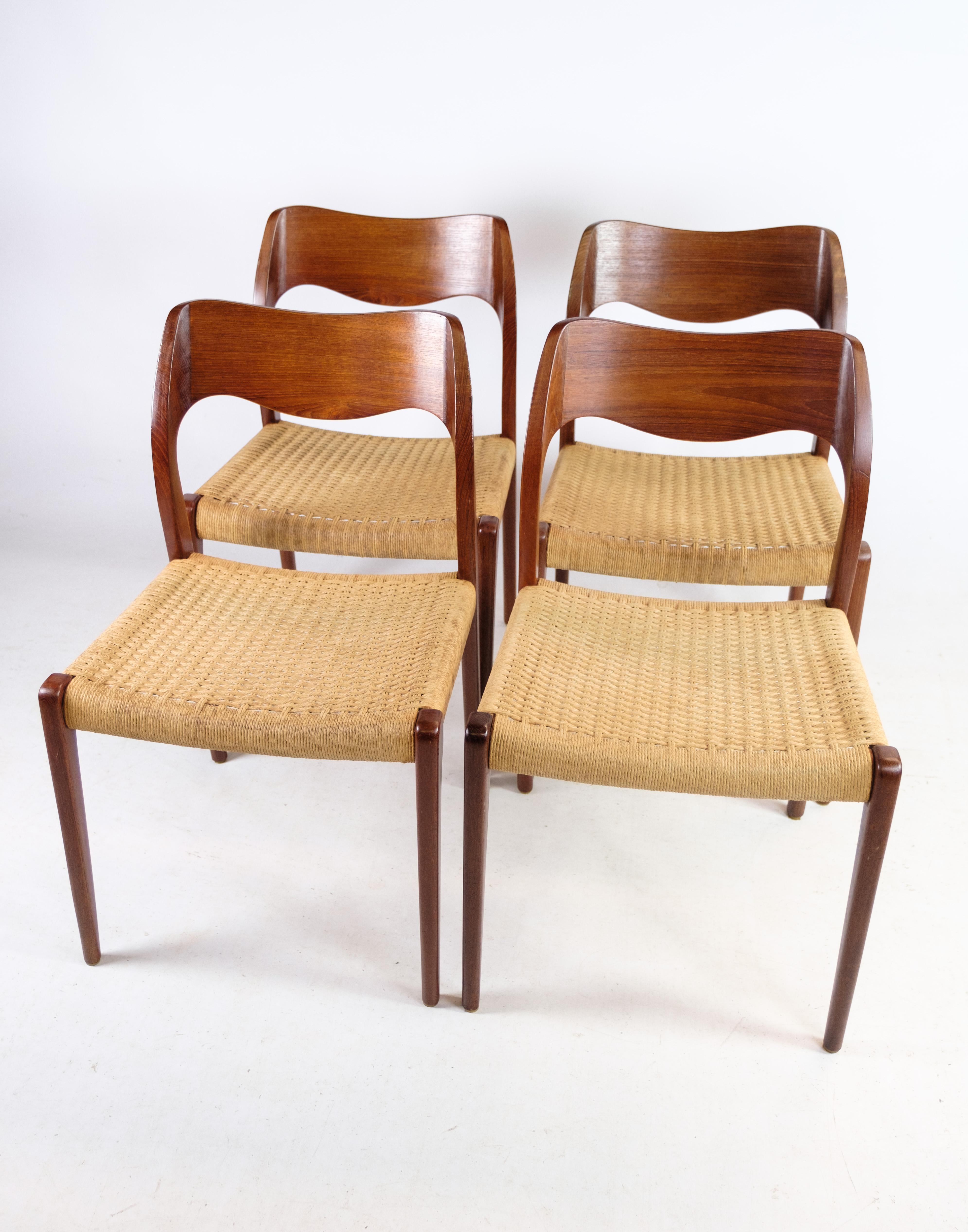 Mid-Century Modern Set of Four Dining Chairs, Model 71, N.O. Møller, Teak, Designed 1951