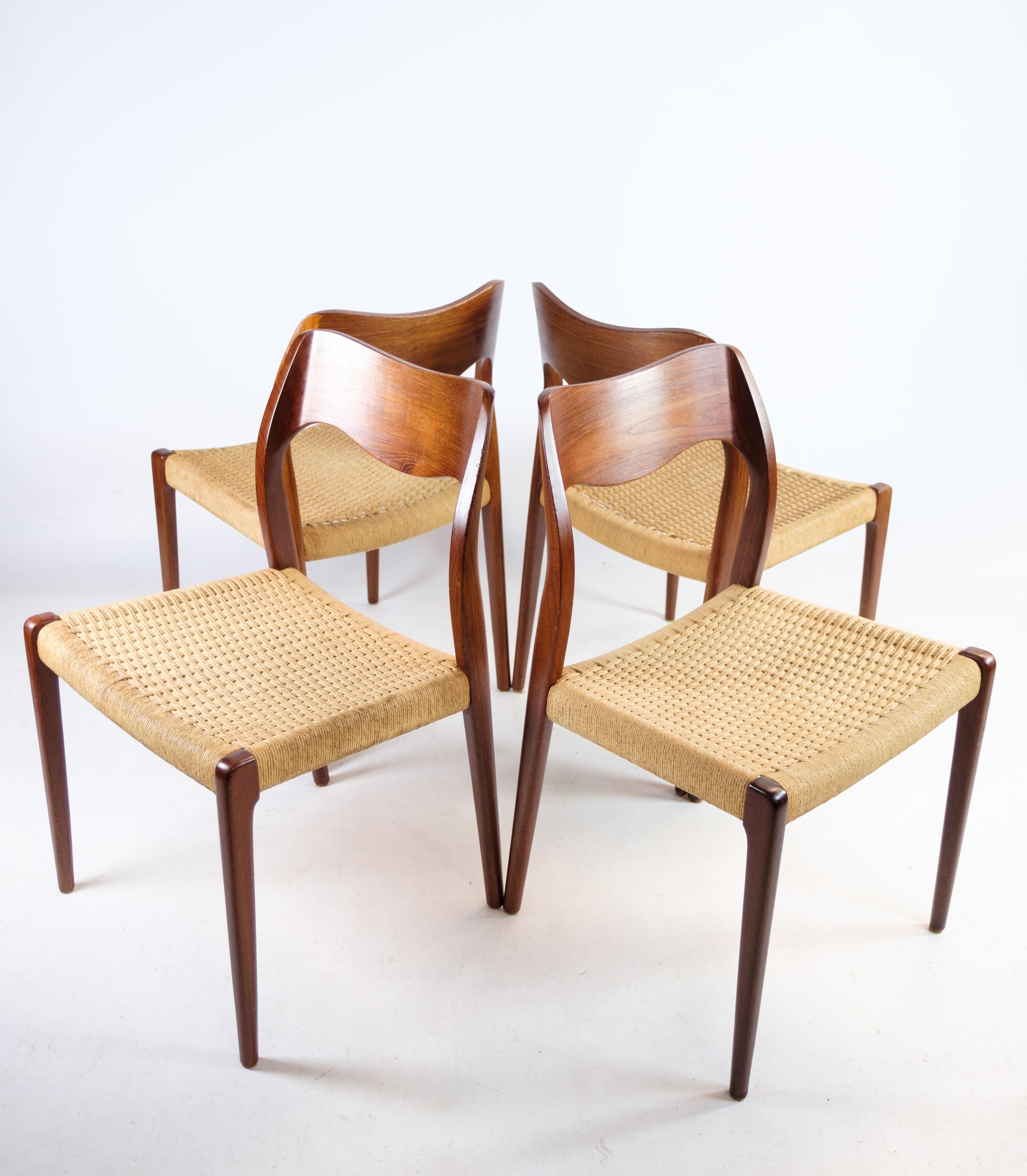 Set of Four Dining Chairs, Model 71, N.O. Møller, Teak, Designed 1951 In Good Condition In Lejre, DK