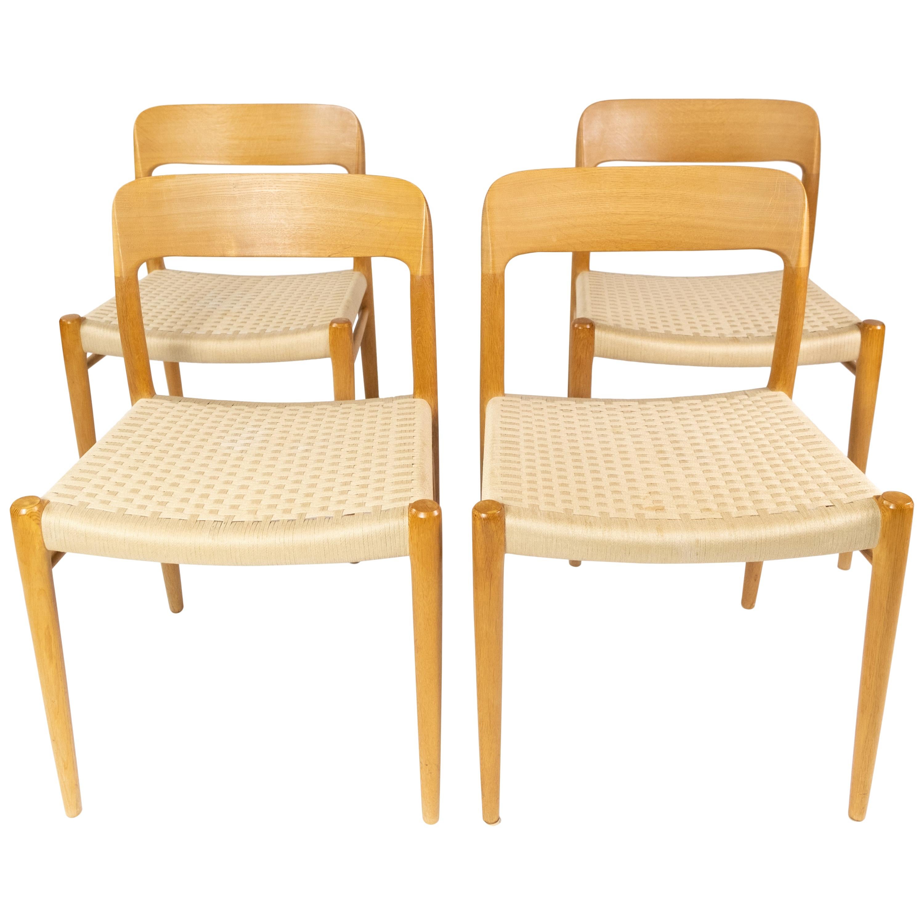 Set of Four Dining Chairs, Model 75, in Oak and Papercord by N.O. Møller