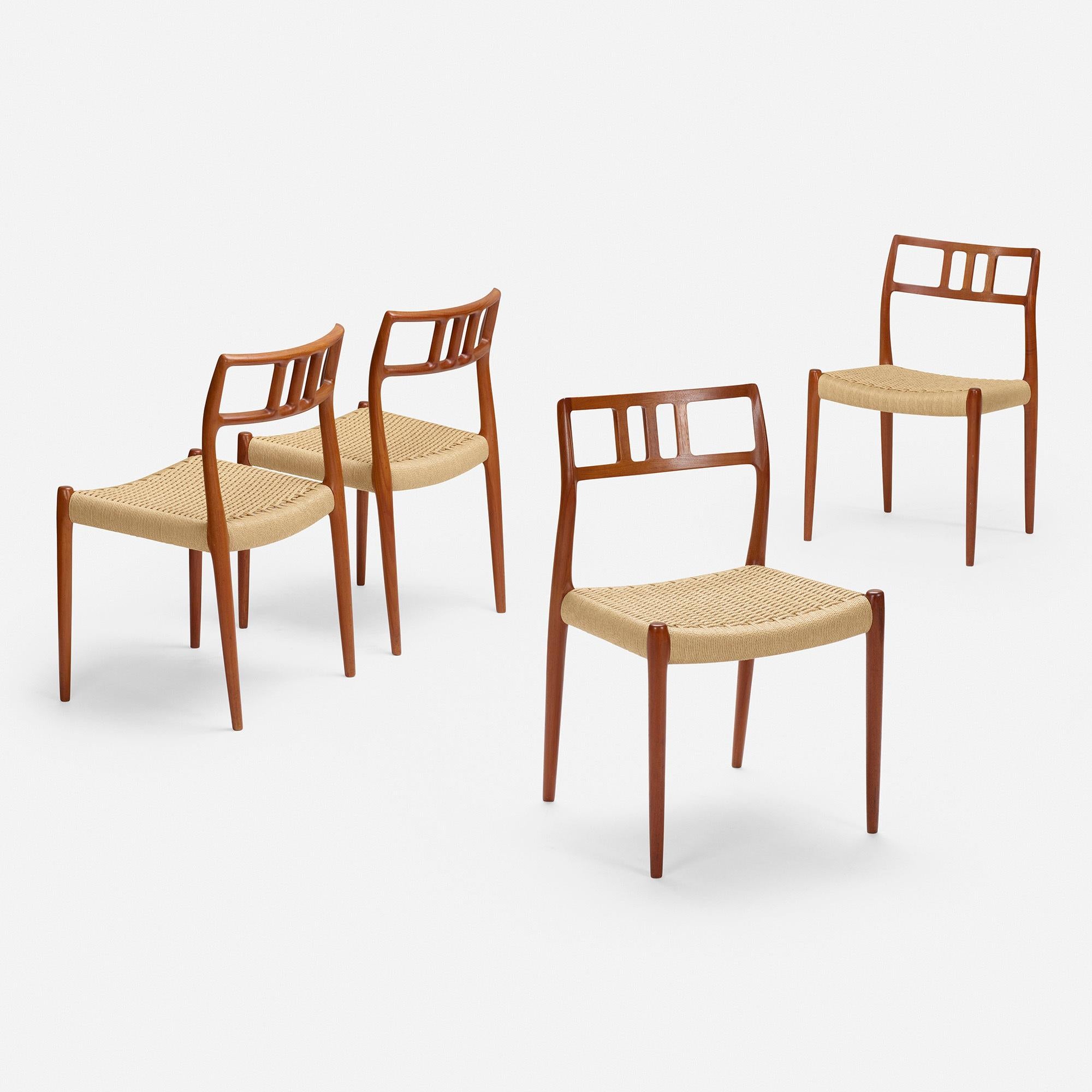 Set of four dining chairs, Model 79 by Niels O. Møller

Branded manufacturer's mark to underside of each example ‘J.L. Moller Models Made in Denmark Furnituremakers Danish Control’.

Additional information:
Made in Denmark
Material: Teak,