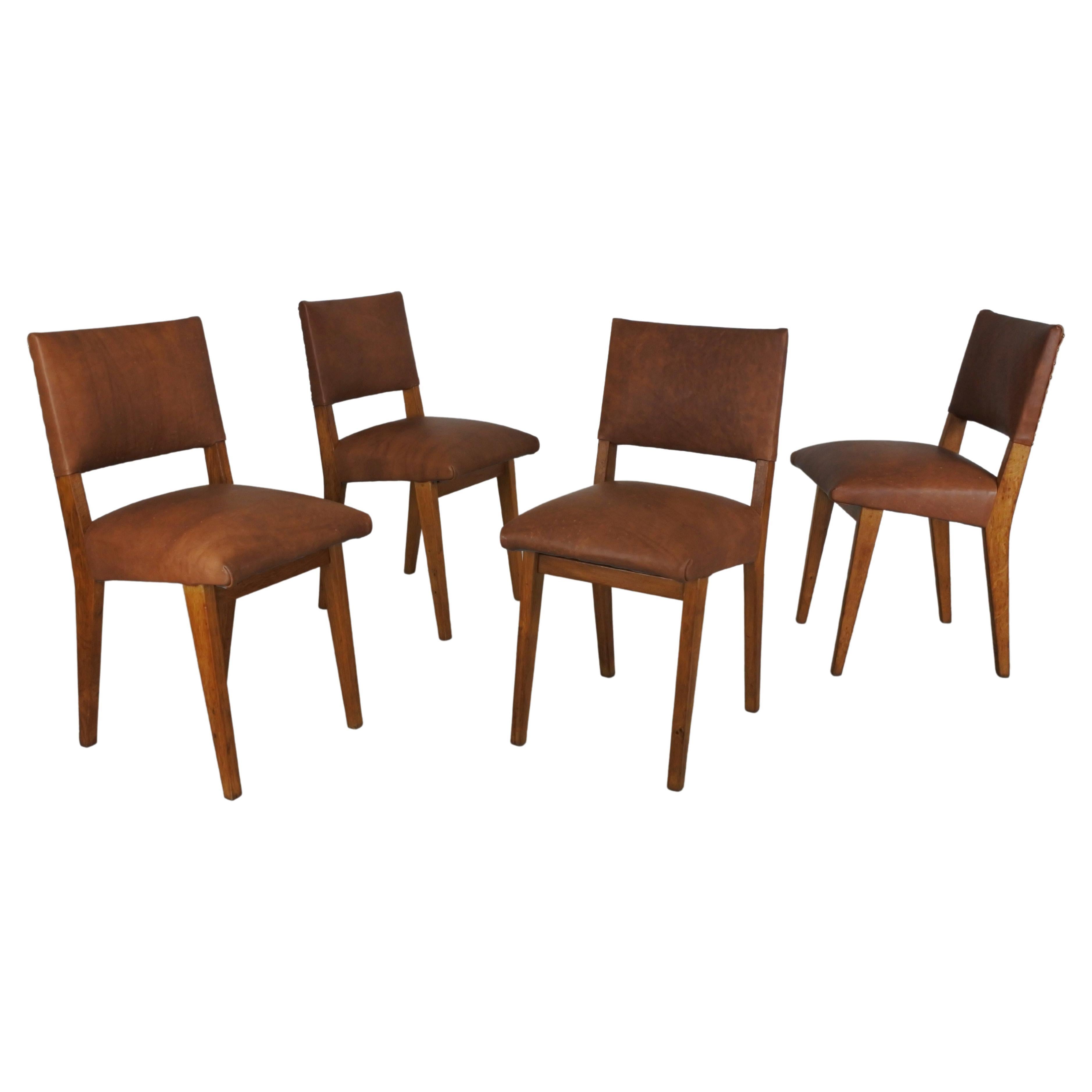Set of Four Dining Chairs, Oak Wood & Leather, Attributed to Jens Risom & Knoll