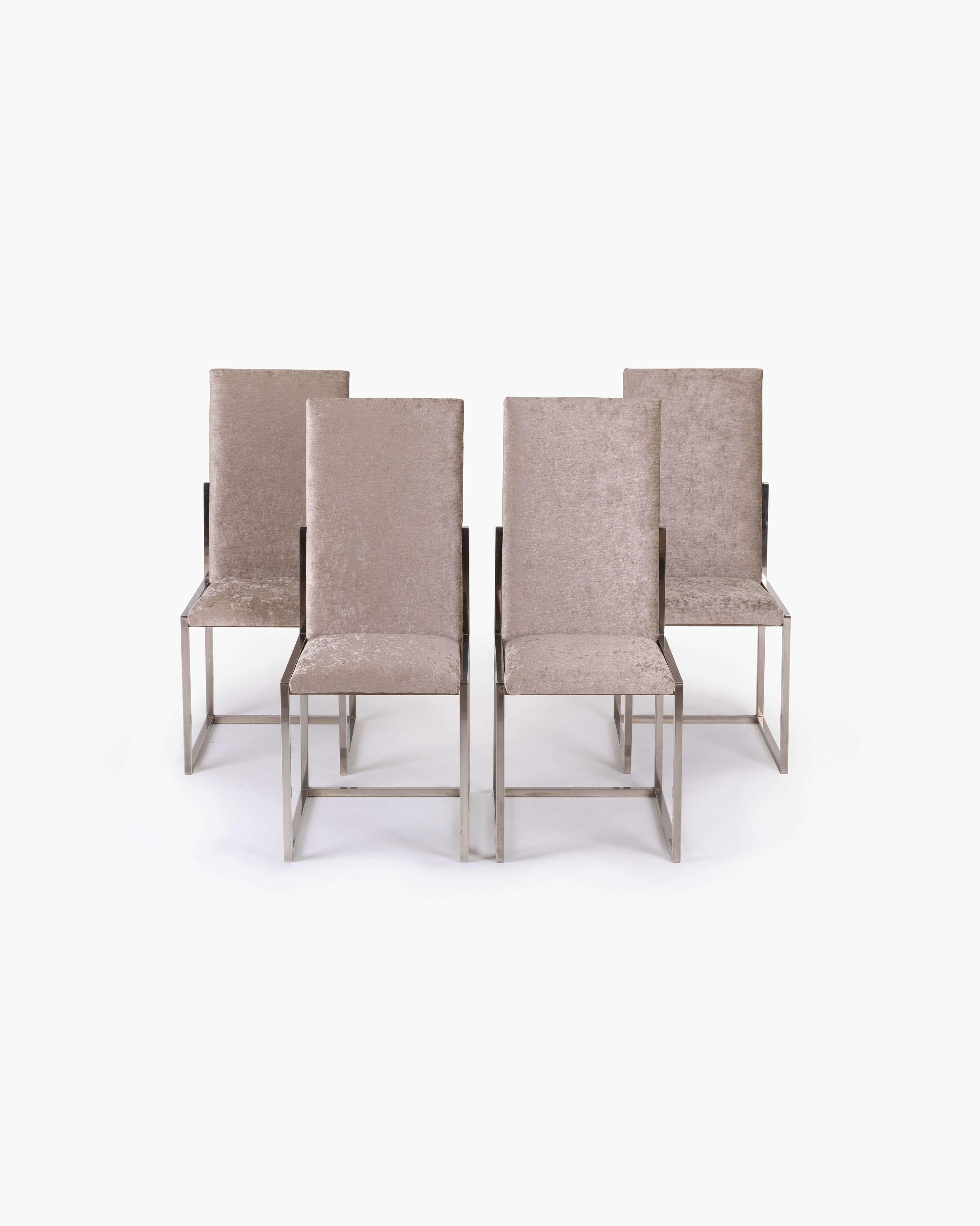 Infuse your dining space with a captivating touch of sophistication with this set of four dining chairs meticulously crafted by the esteemed Romeo Rega. Exuding a sleek and modern aesthetic, these chairs are built with a sturdy chrome frame that