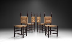 Set of Four Dining Chairs with Poplar Wood and Rush Seats, Europe ca 1950s