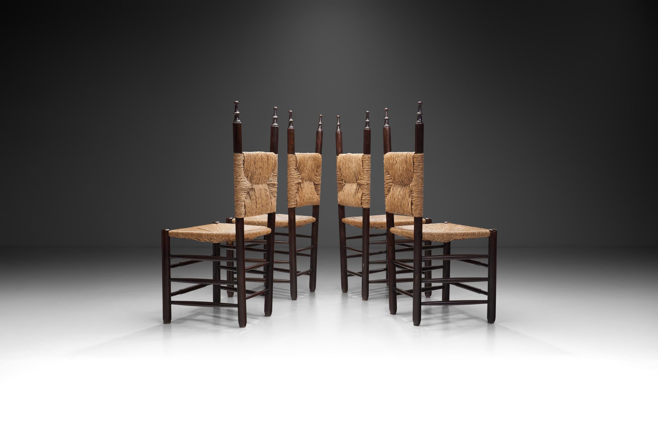 European Set of Four Dining Chairs with Poplar Wood and Rush Seats, Europe ca 1950s For Sale