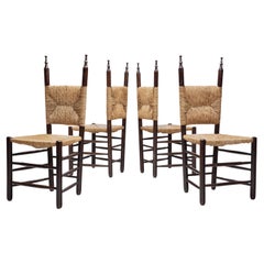 Used Set of Four Dining Chairs with Poplar Wood and Rush Seats, Europe ca 1950s
