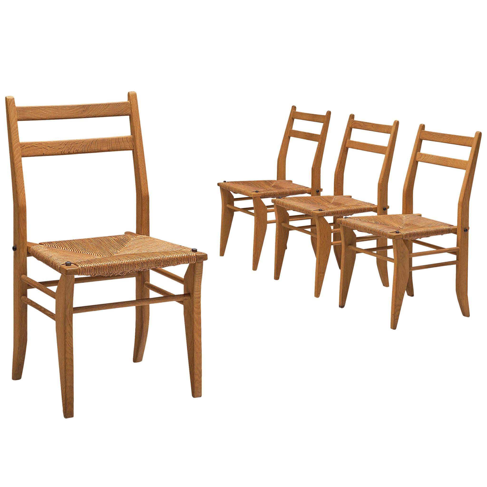 Set of Four Dining Chairs with Rattan Seats by Guillerme et Chambron
