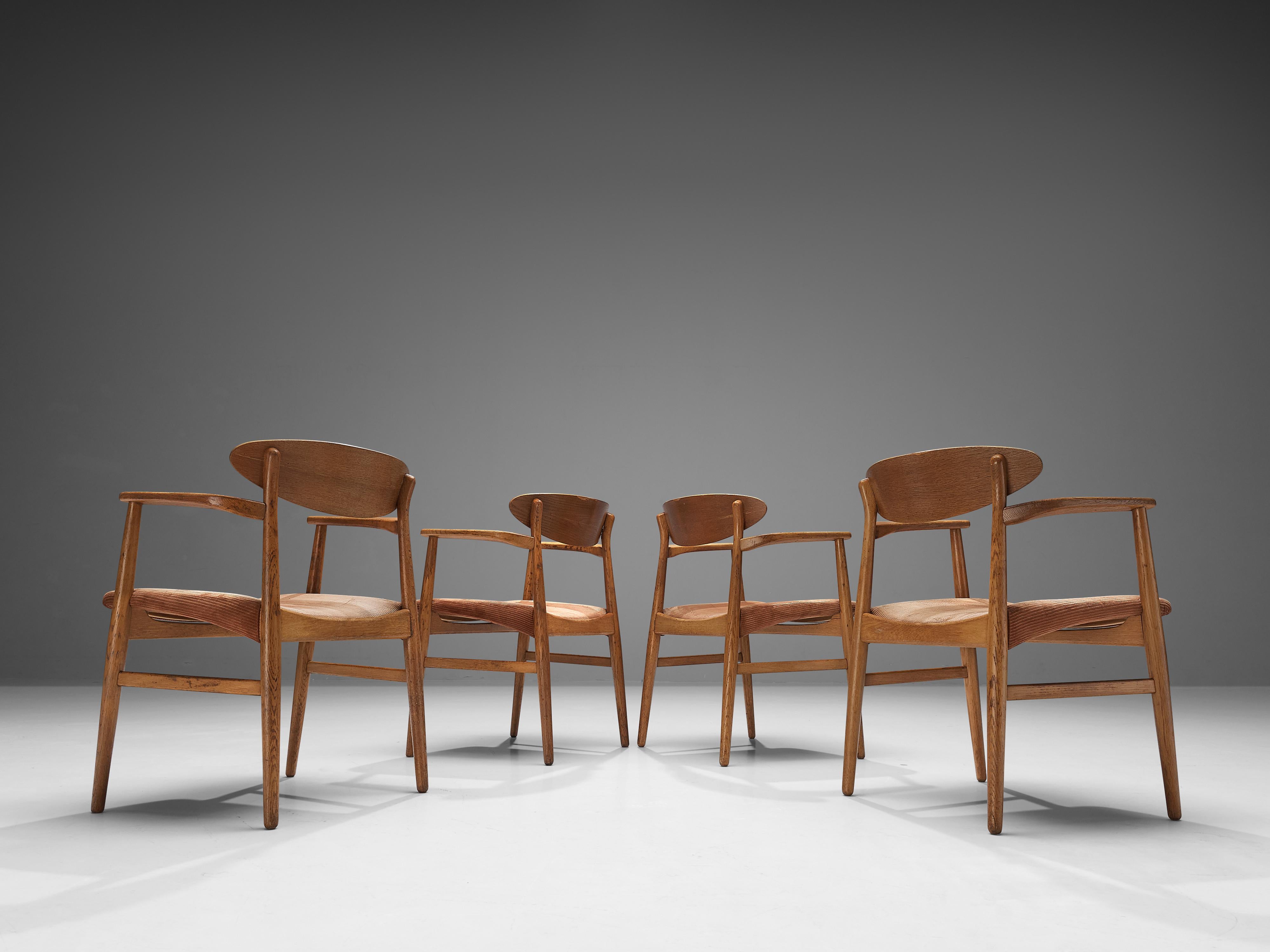 Danish Larsen & Bender Madsen Set of Four Dining Chairs in Oak and Red Upholstery