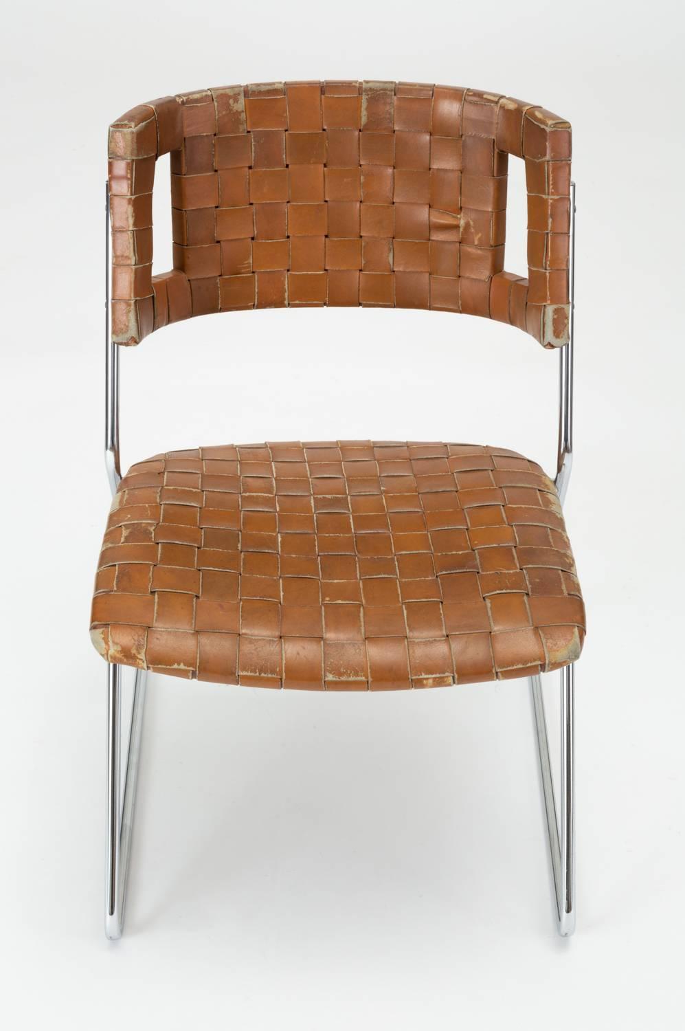 Mid-Century Modern Set of Four Dining Chairs with Woven Leather Upholstery by Chromcraft