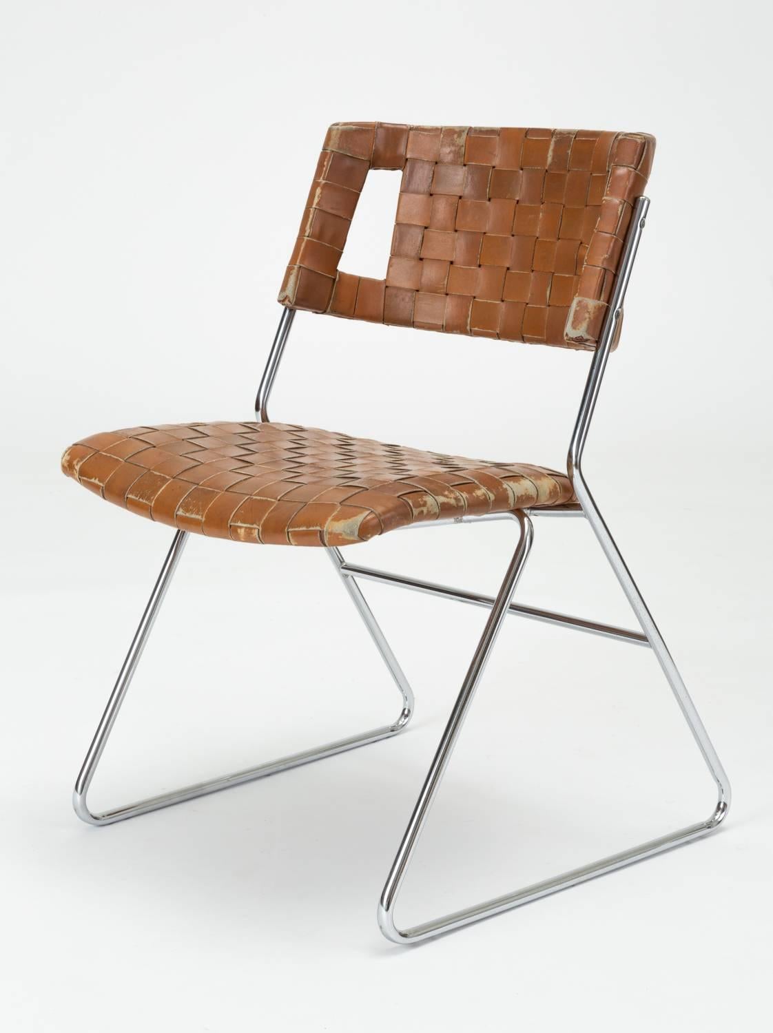 American Set of Four Dining Chairs with Woven Leather Upholstery by Chromcraft