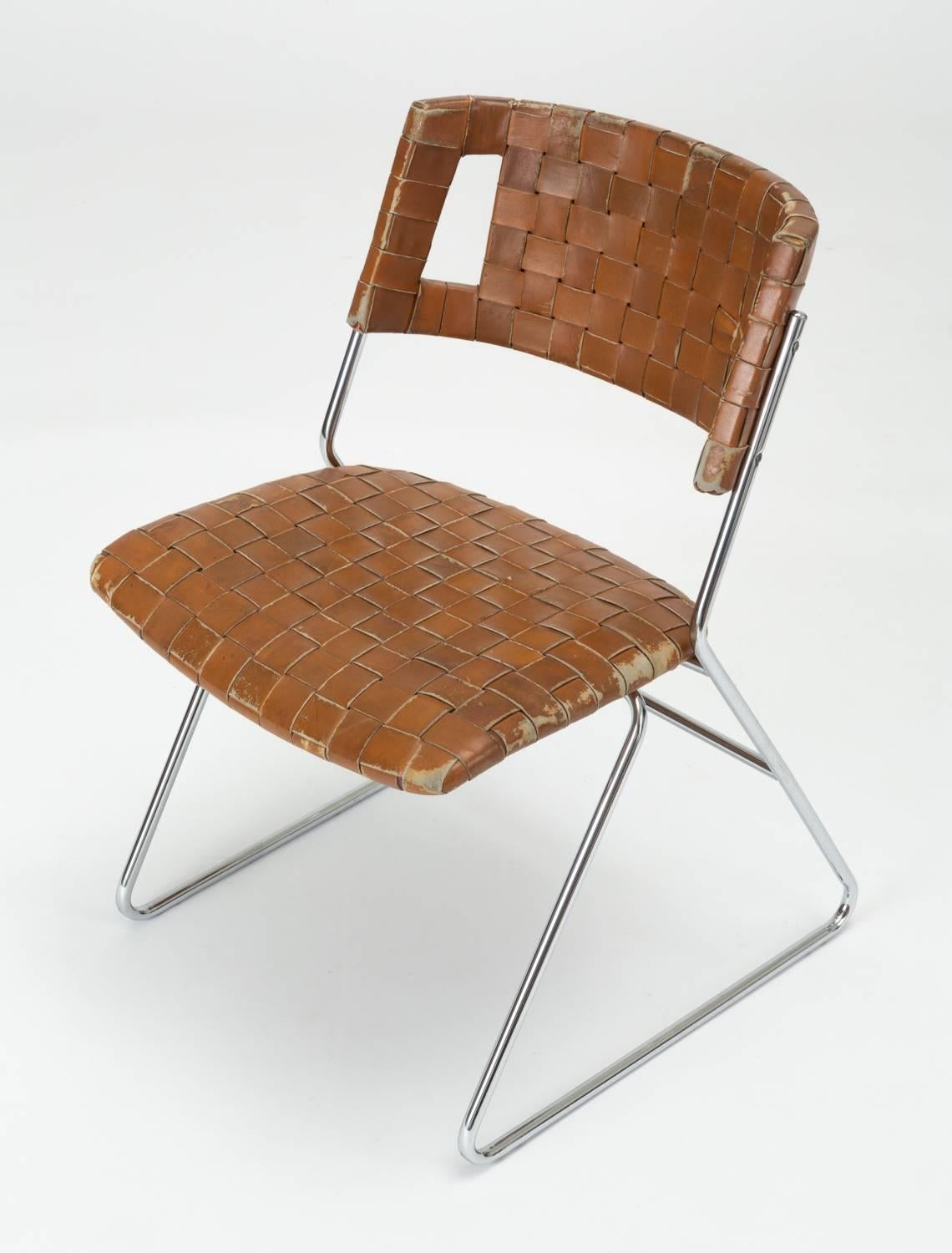 Set of Four Dining Chairs with Woven Leather Upholstery by Chromcraft In Good Condition In Los Angeles, CA