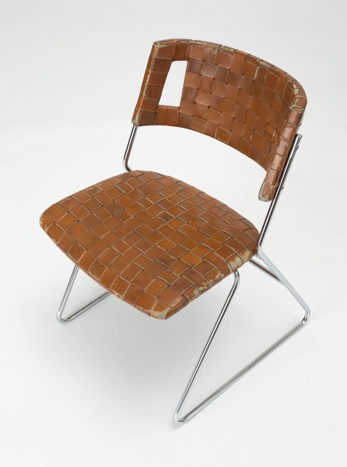 Late 20th Century Set of Four Dining Chairs with Woven Leather Upholstery by Chromcraft