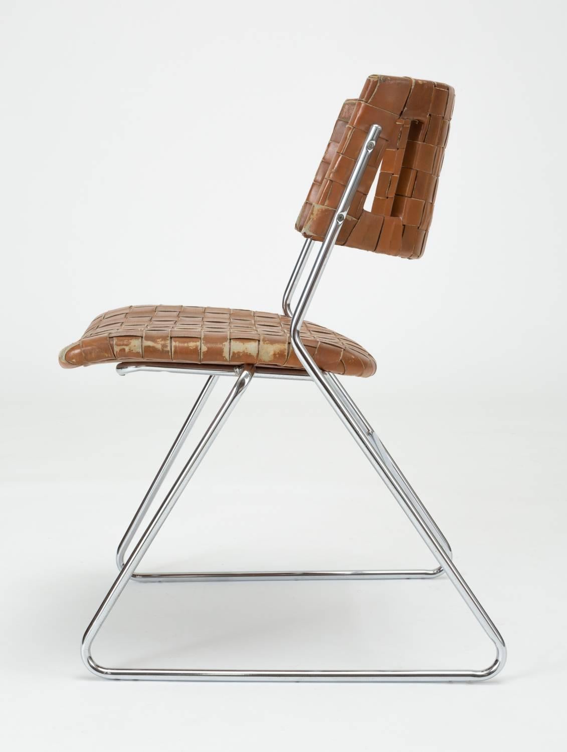 Steel Set of Four Dining Chairs with Woven Leather Upholstery by Chromcraft