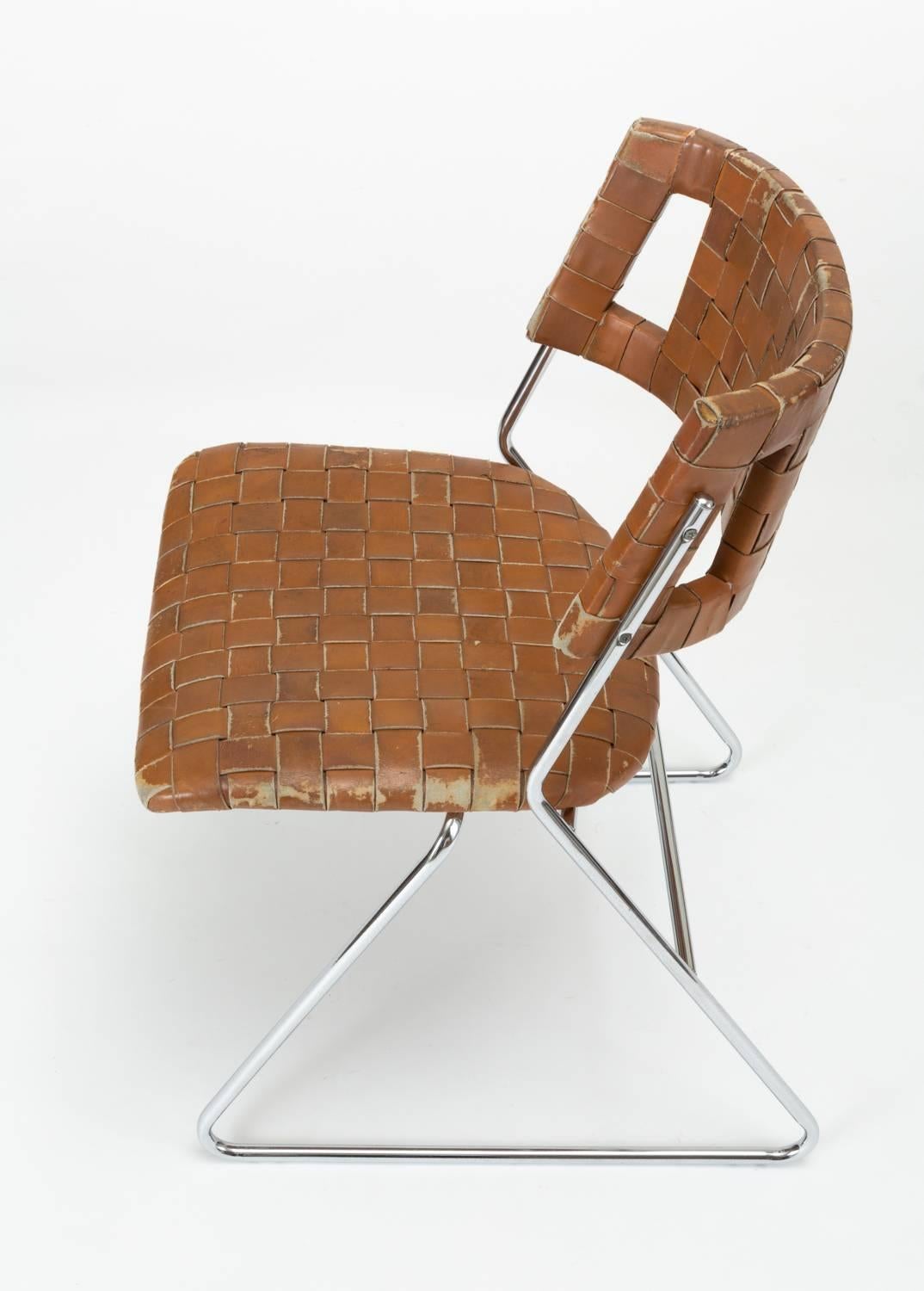 Set of Four Dining Chairs with Woven Leather Upholstery by Chromcraft 1