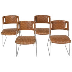 Set of Four Dining Chairs with Woven Leather Upholstery by Chromcraft