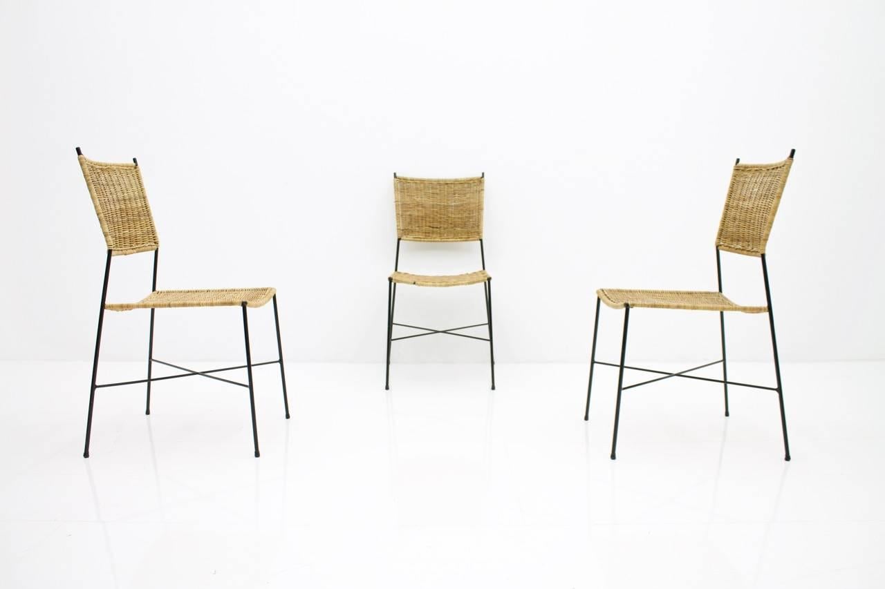 Set of Four Dining Room Chairs in Wicker and Metal, Germany, 1960s 5