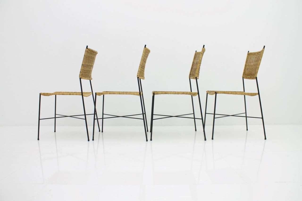 Mid-Century Modern Set of Four Dining Room Chairs in Wicker and Metal, Germany, 1960s