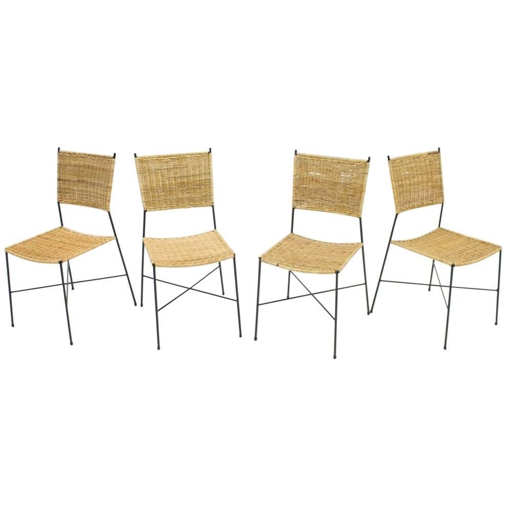 Set of Four Dining Room Chairs in Wicker and Metal, Germany, 1960s