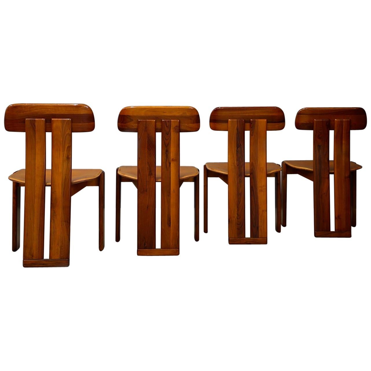 Set of Four Dinning Chair by Sapporo for Mobil Girgi in Wood and Leather, 1970