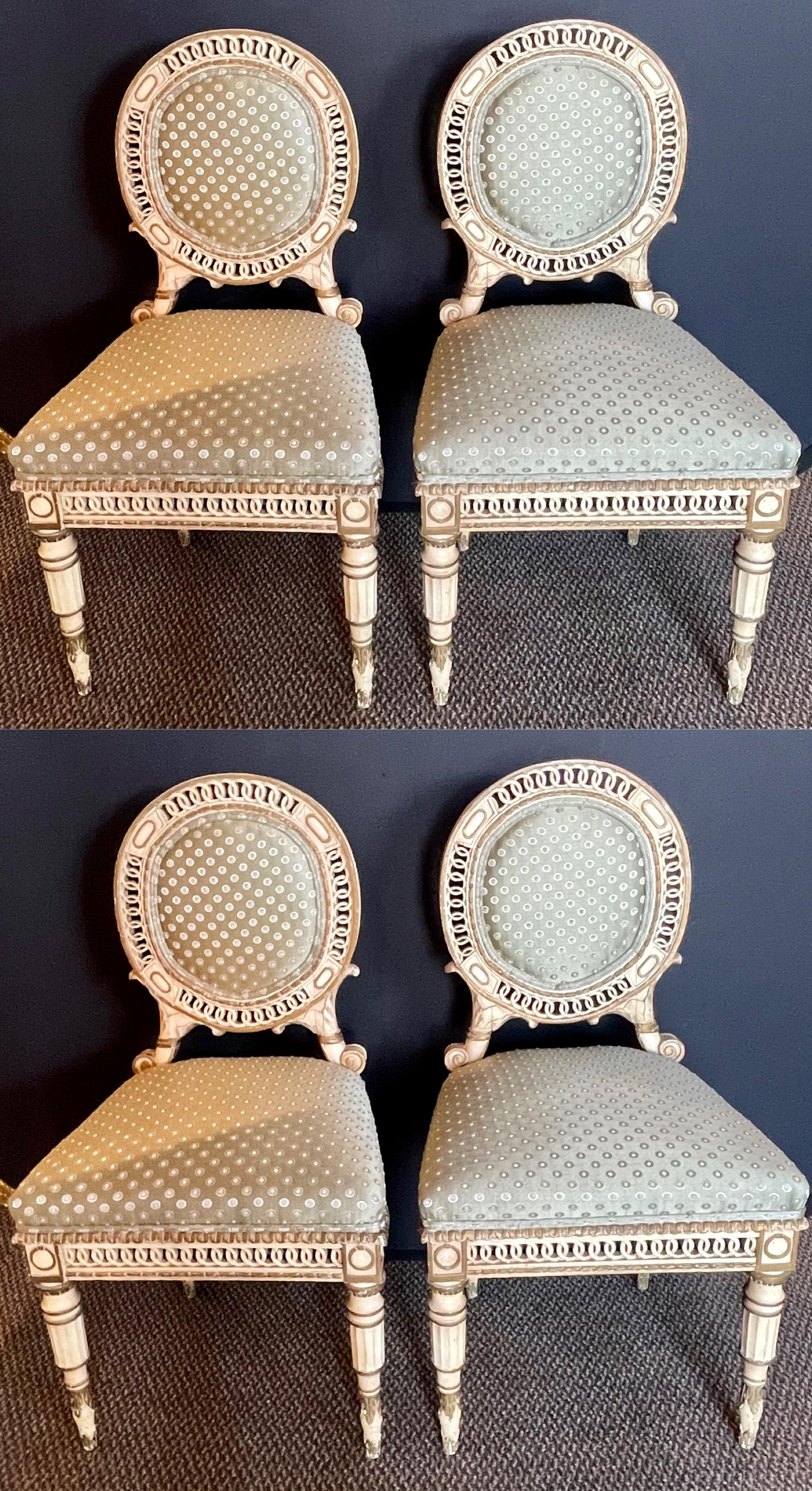 Neoclassical Set of Four Directoire Style Antique Side Chairs, New Scalamandre Fabric, 1930s For Sale