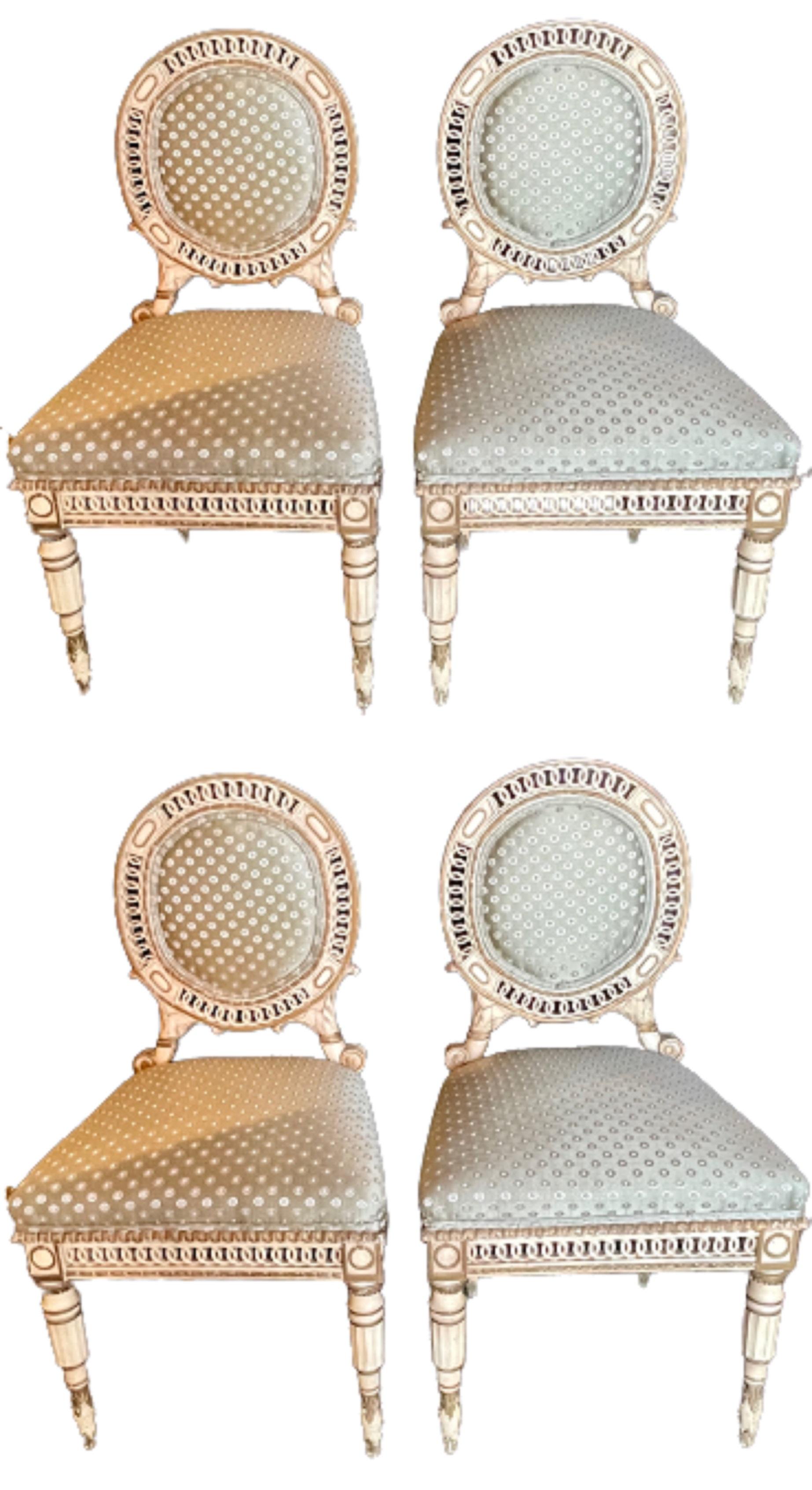 Italian Set of Four Directoire Style Antique Side Chairs, New Scalamandre Fabric, 1930s For Sale