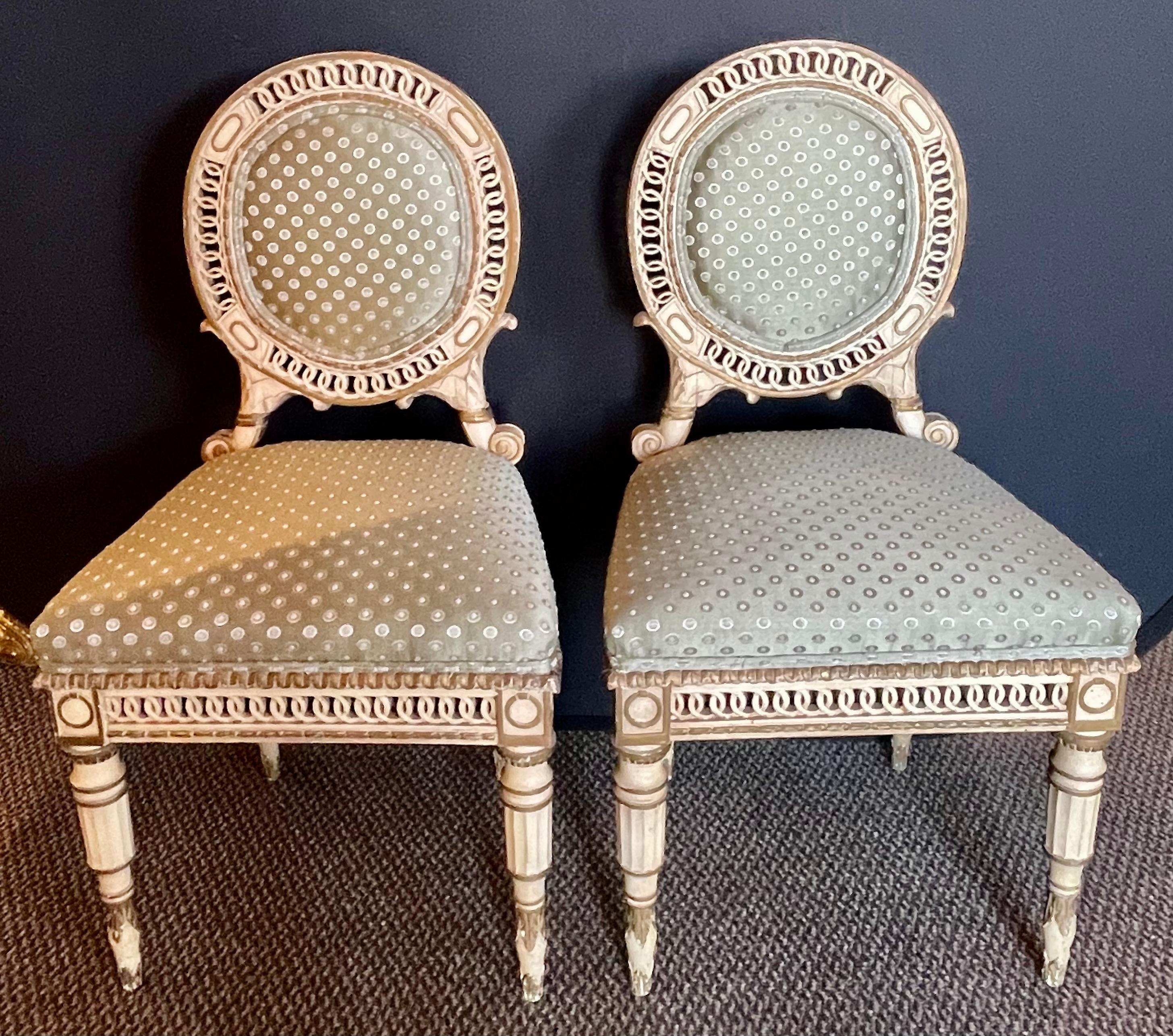 Painted Set of Four Directoire Style Antique Side Chairs, New Scalamandre Fabric, 1930s For Sale