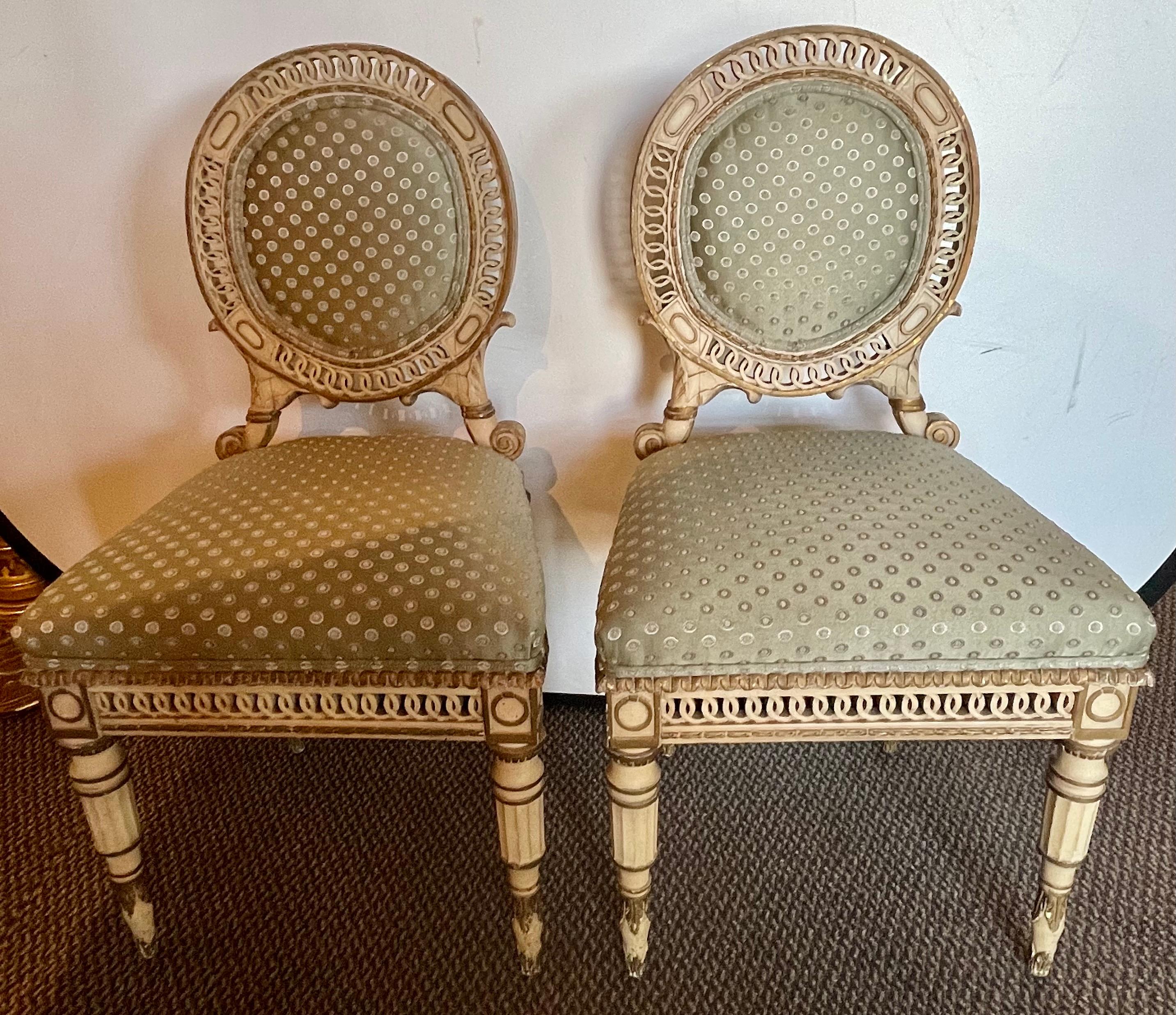 20th Century Set of Four Directoire Style Antique Side Chairs, New Scalamandre Fabric, 1930s For Sale
