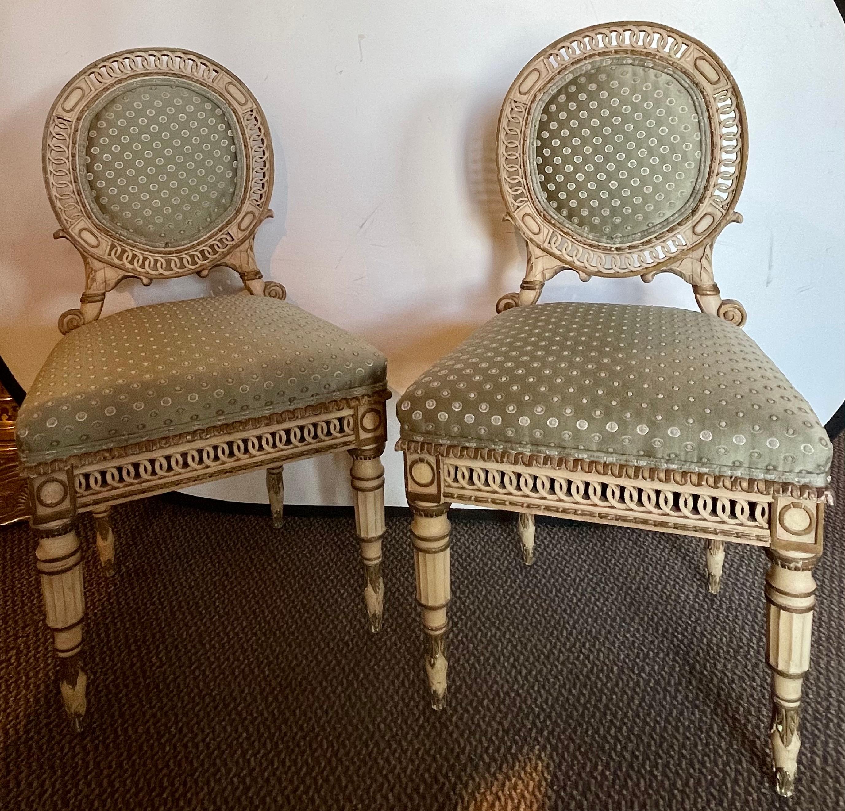 Set of Four Directoire Style Antique Side Chairs, New Scalamandre Fabric, 1930s For Sale 1