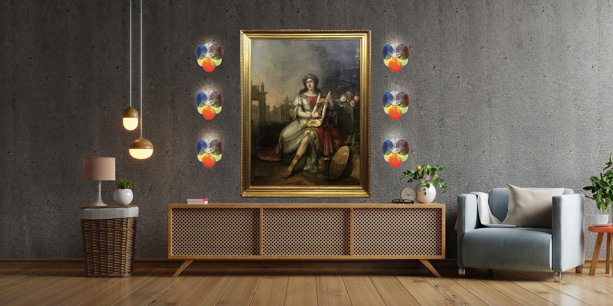 Set di quattro applique vintage di Murano in stile Vistosi. Le applique hanno 10 vetri per ciascuna. multicolore. Gli occhiali non sono più disponibili. Nickel metal frame.
Periodo: 1970s
Dimensions: 11 inches (28 cm) height; 13,40 inches (34 cm)