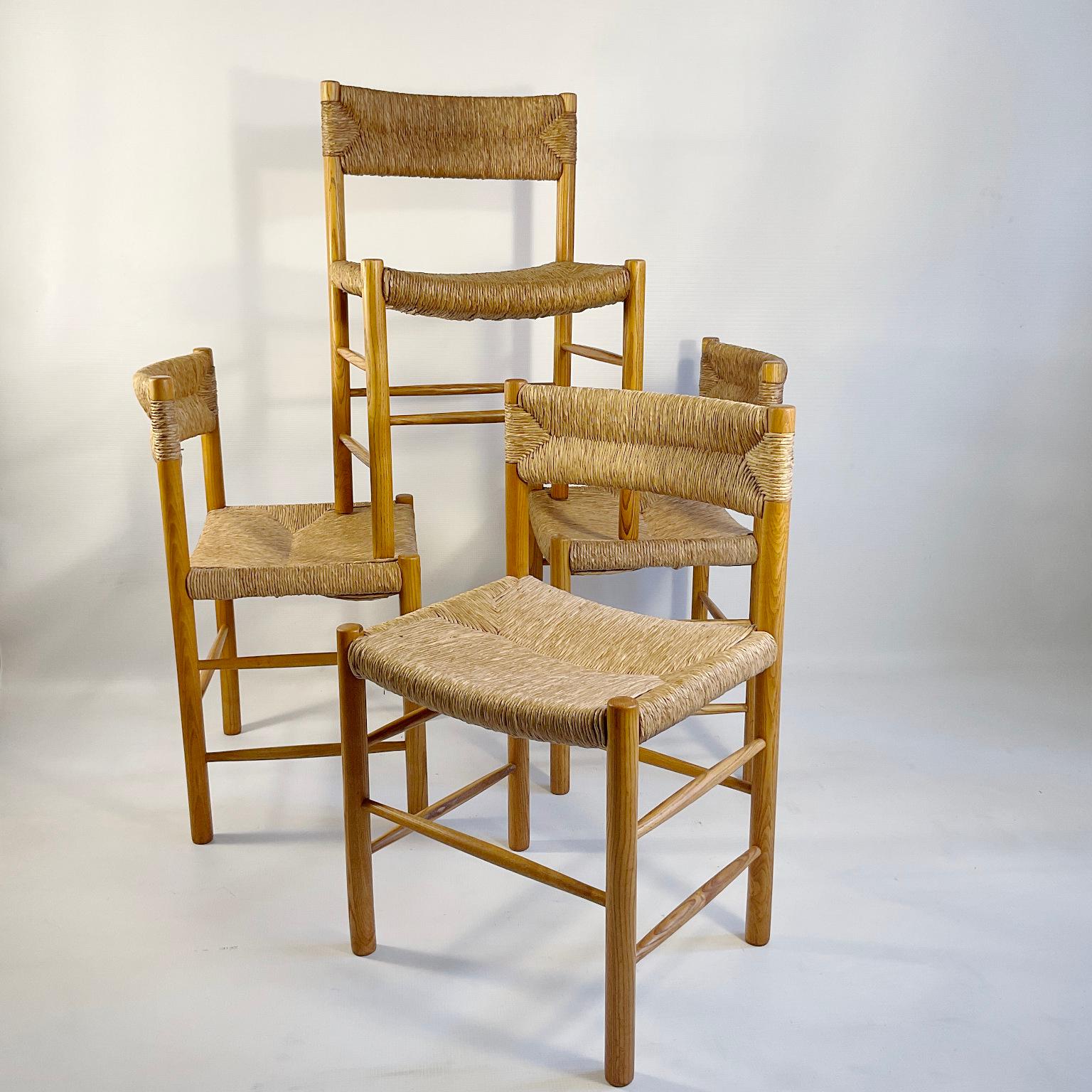 Paille Ensemble de quatre chaises Dordogne de Robert Sentou pour Charlotte Perriand, France, années 1960 en vente