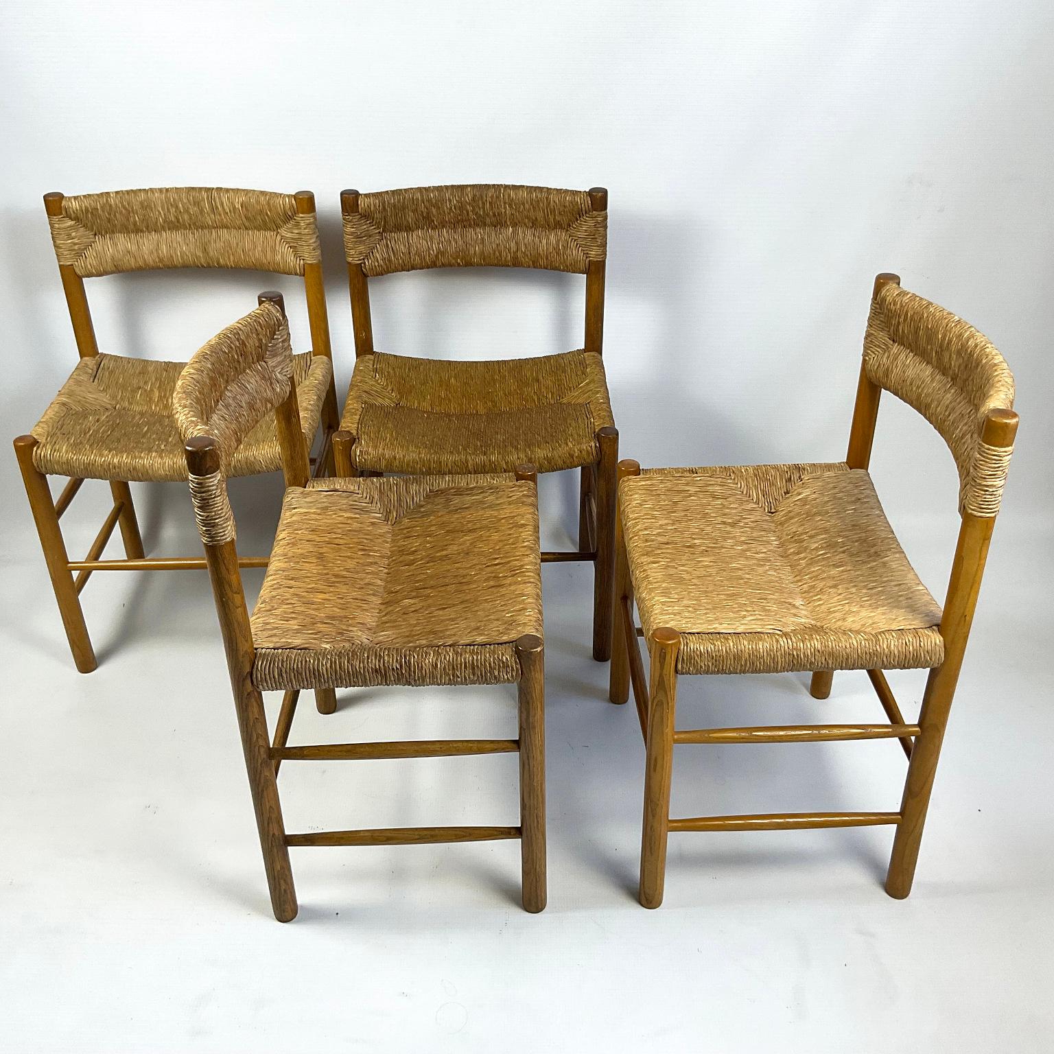 Straw Set of Four Dordogne Chairs by Robert Sentou for Charlotte Perriand France 1960s For Sale