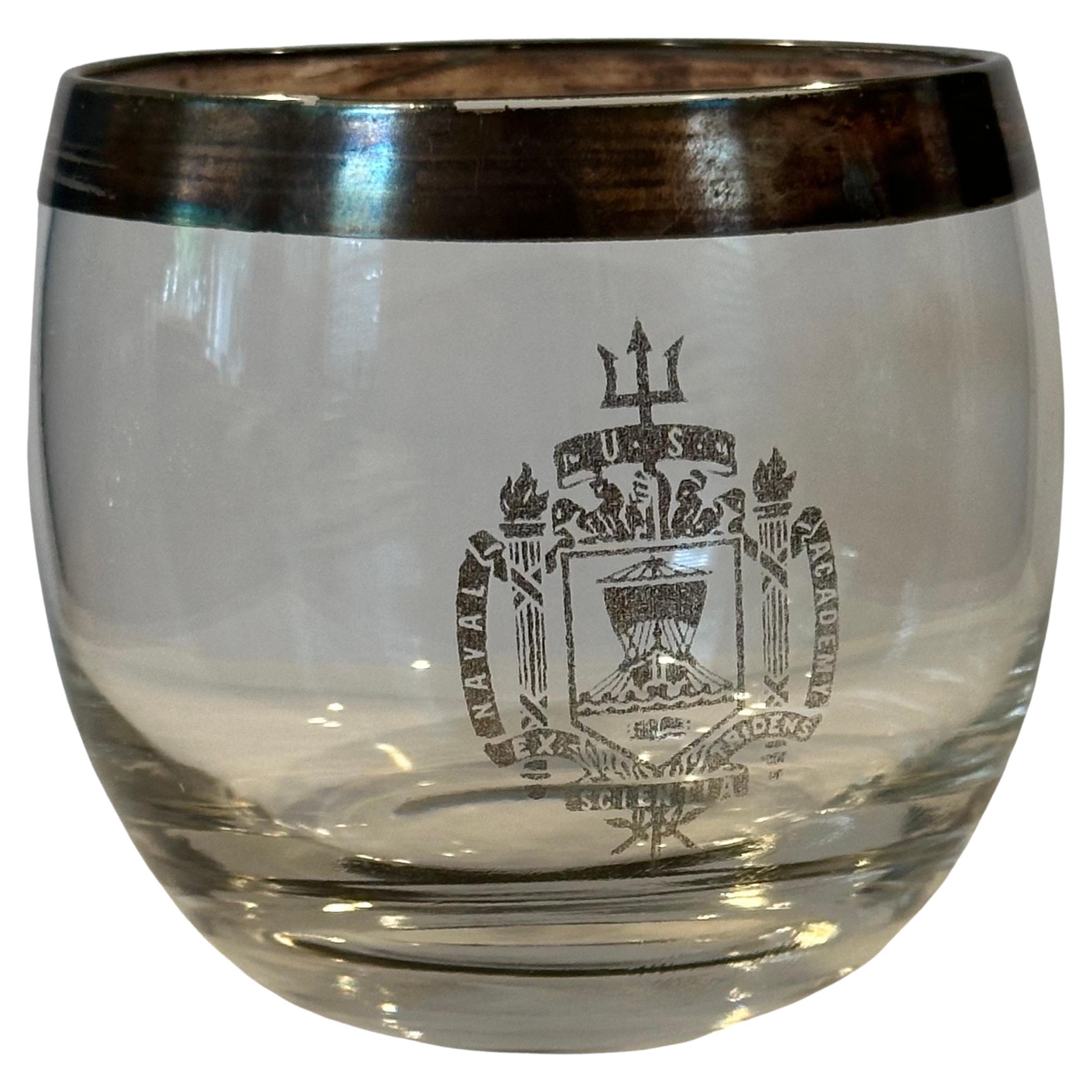 American Set of Four Dorothy Thorpe Silver Band Roly Poly Glasses with Naval Academy Seal For Sale