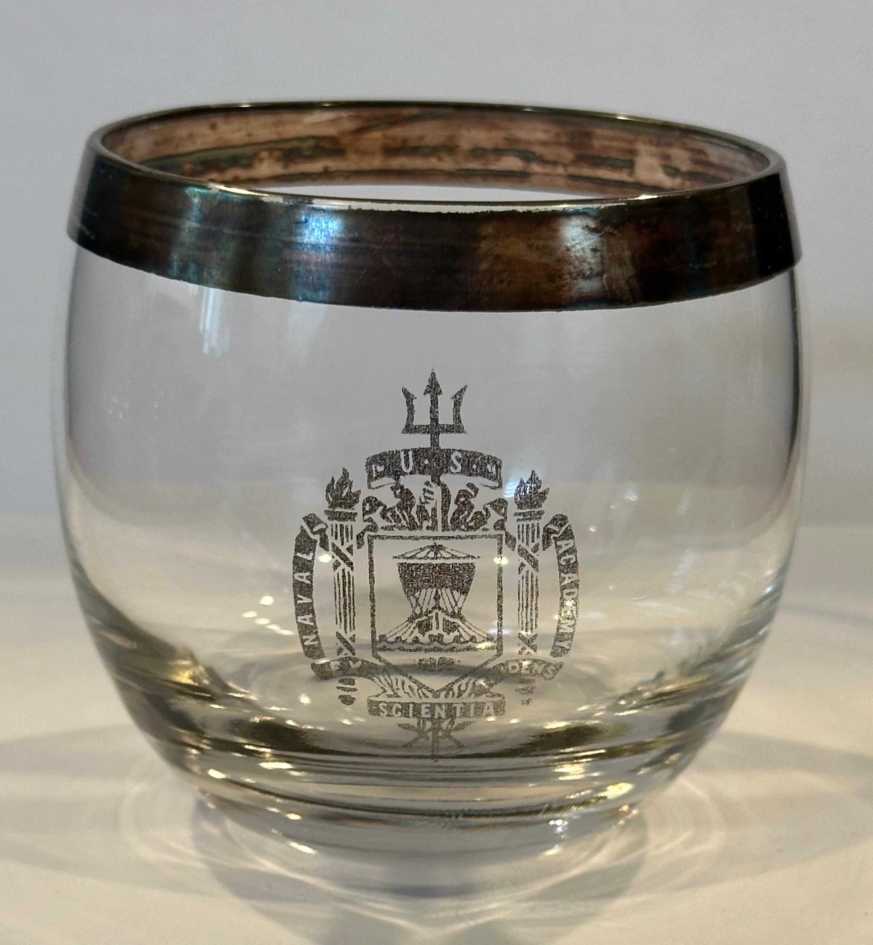20th Century Set of Four Dorothy Thorpe Silver Band Roly Poly Glasses with Naval Academy Seal For Sale