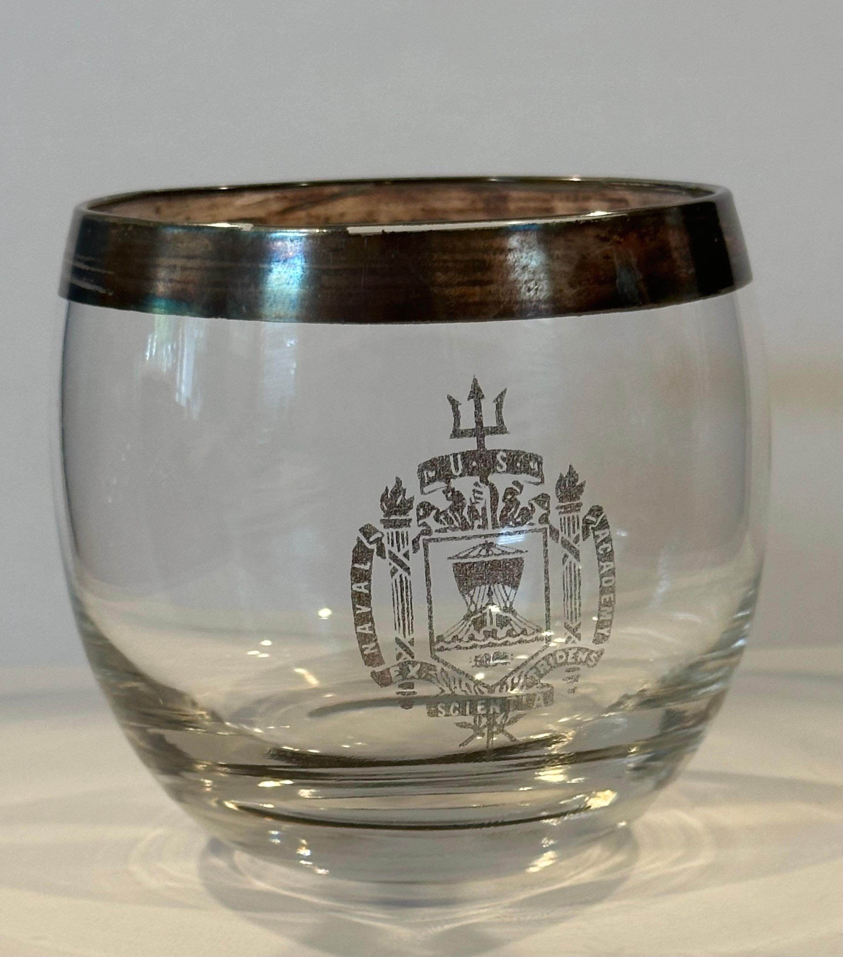 Set of Four Dorothy Thorpe Silver Band Roly Poly Glasses with Naval Academy Seal For Sale 1