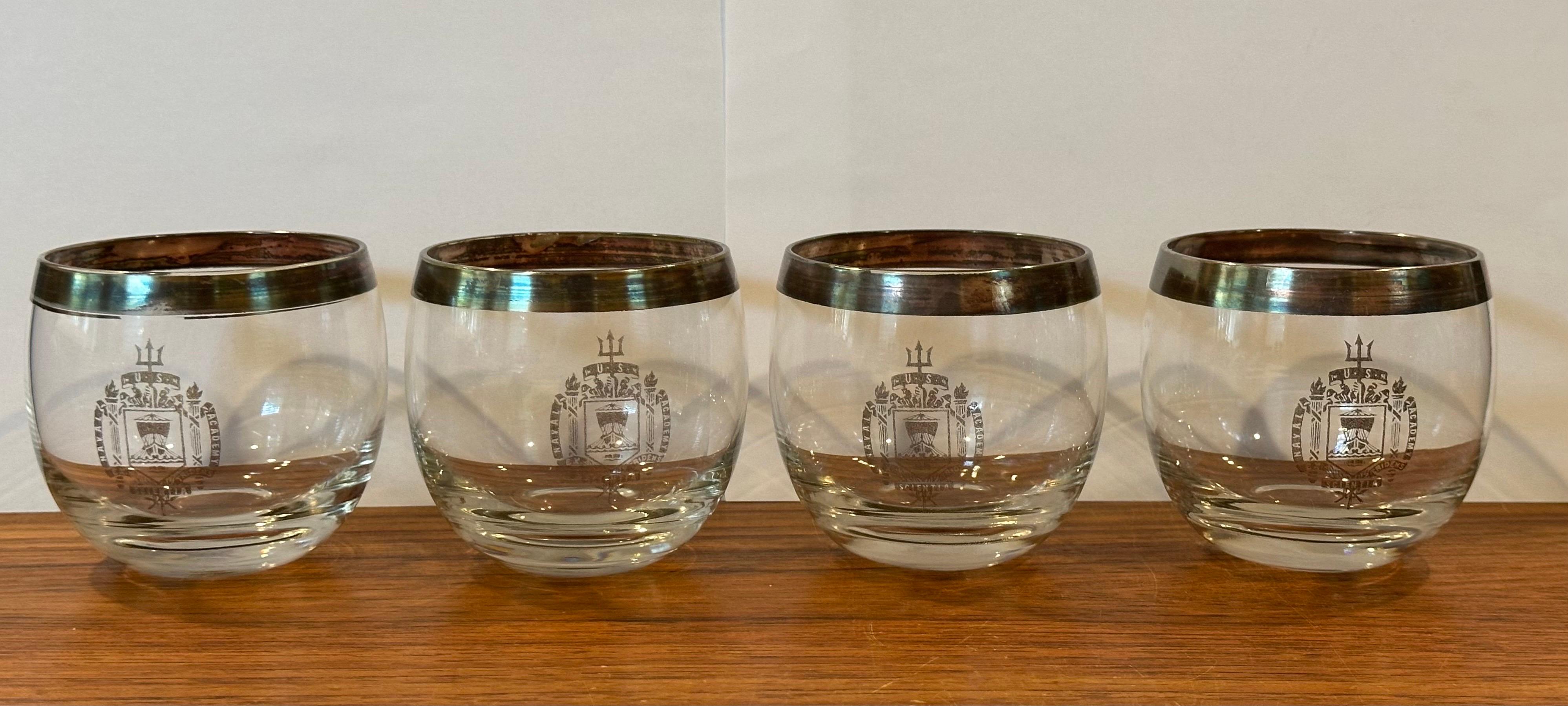 Set of Four Dorothy Thorpe Silver Band Roly Poly Glasses with Naval Academy Seal For Sale 3