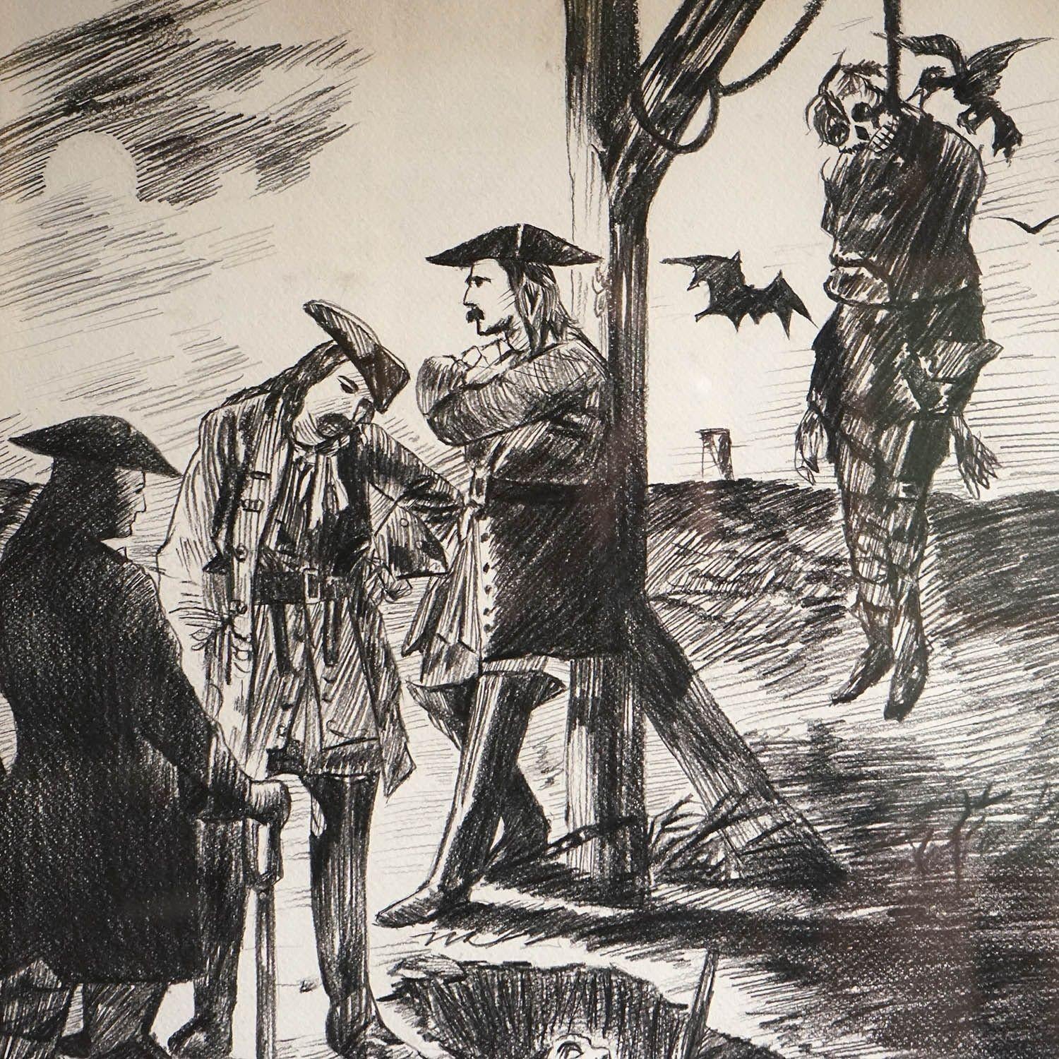 Vintage Original Pencil and Charcoal Studies

The two courtroom scenes are after original drawings by celebrated French artist Honoré Daumier. The two at the gallows appear to be completely original conceptions.

Probably dating to the early to