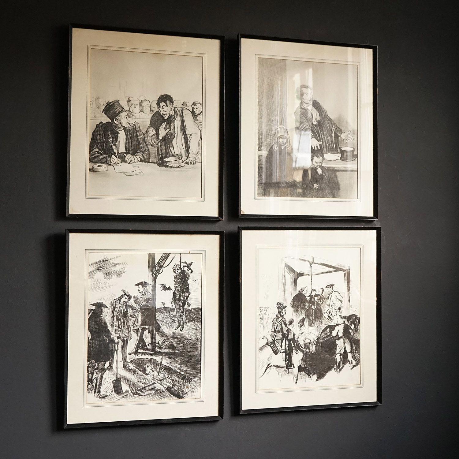 French Set of Four Vintage Drawings Depicting a Macabre Legal Battle, 20th Century For Sale