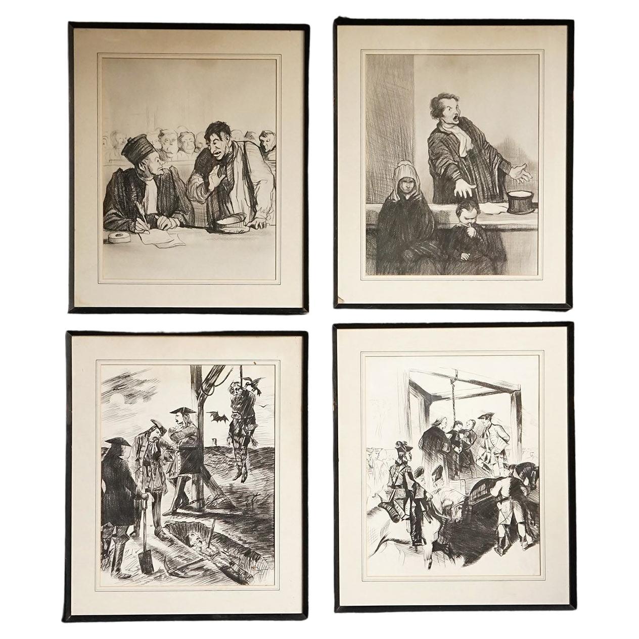 Set di quattro disegni d'epoca raffiguranti una macabra battaglia legale, 20° secolo