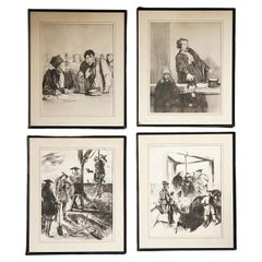 Set of Four Vintage Drawings Depicting a Macabre Legal Battle, 20th Century
