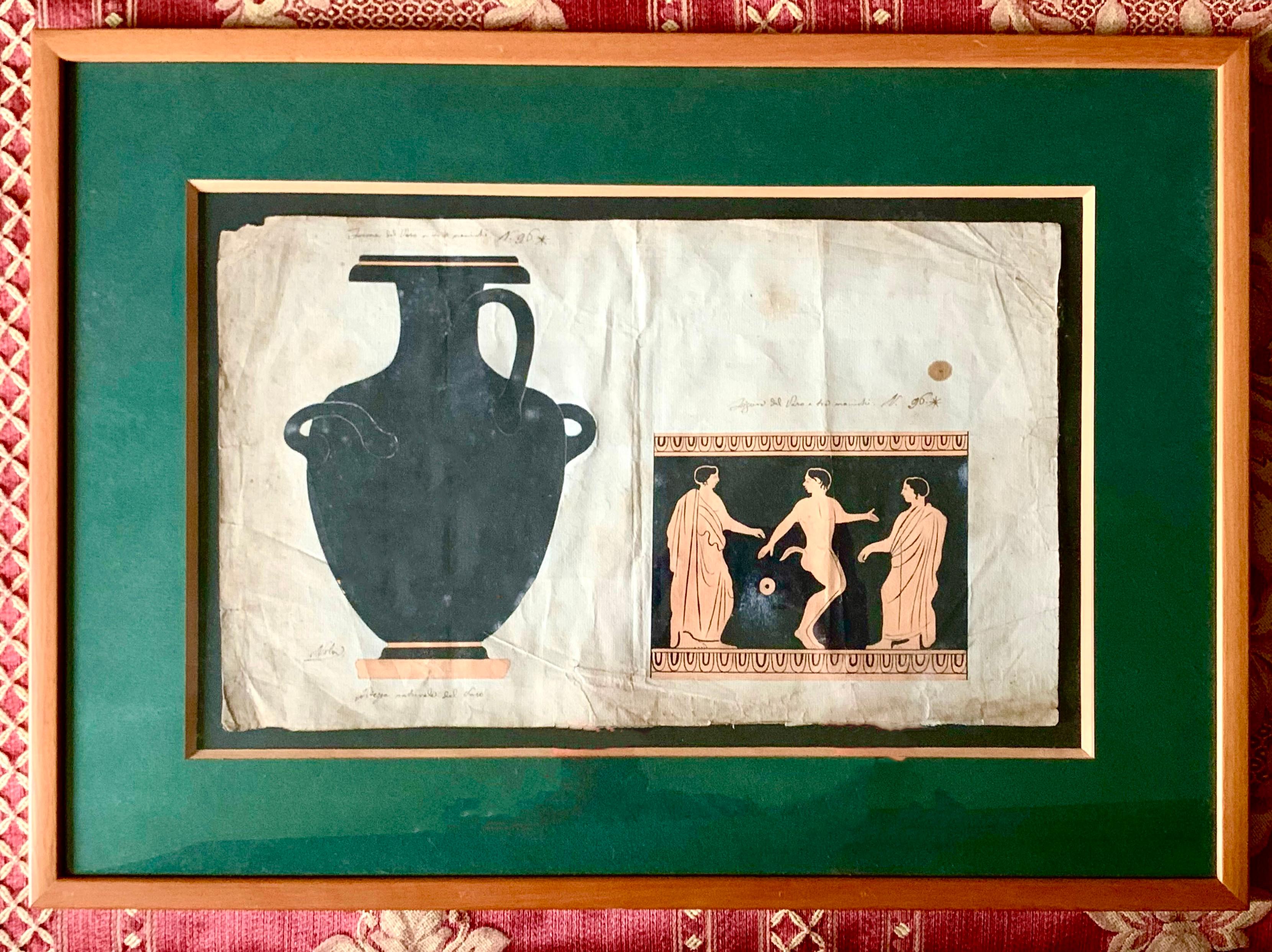 Paper Set of Four Drawings of Study of Archaeological Piece Greek Vases 18th Century For Sale