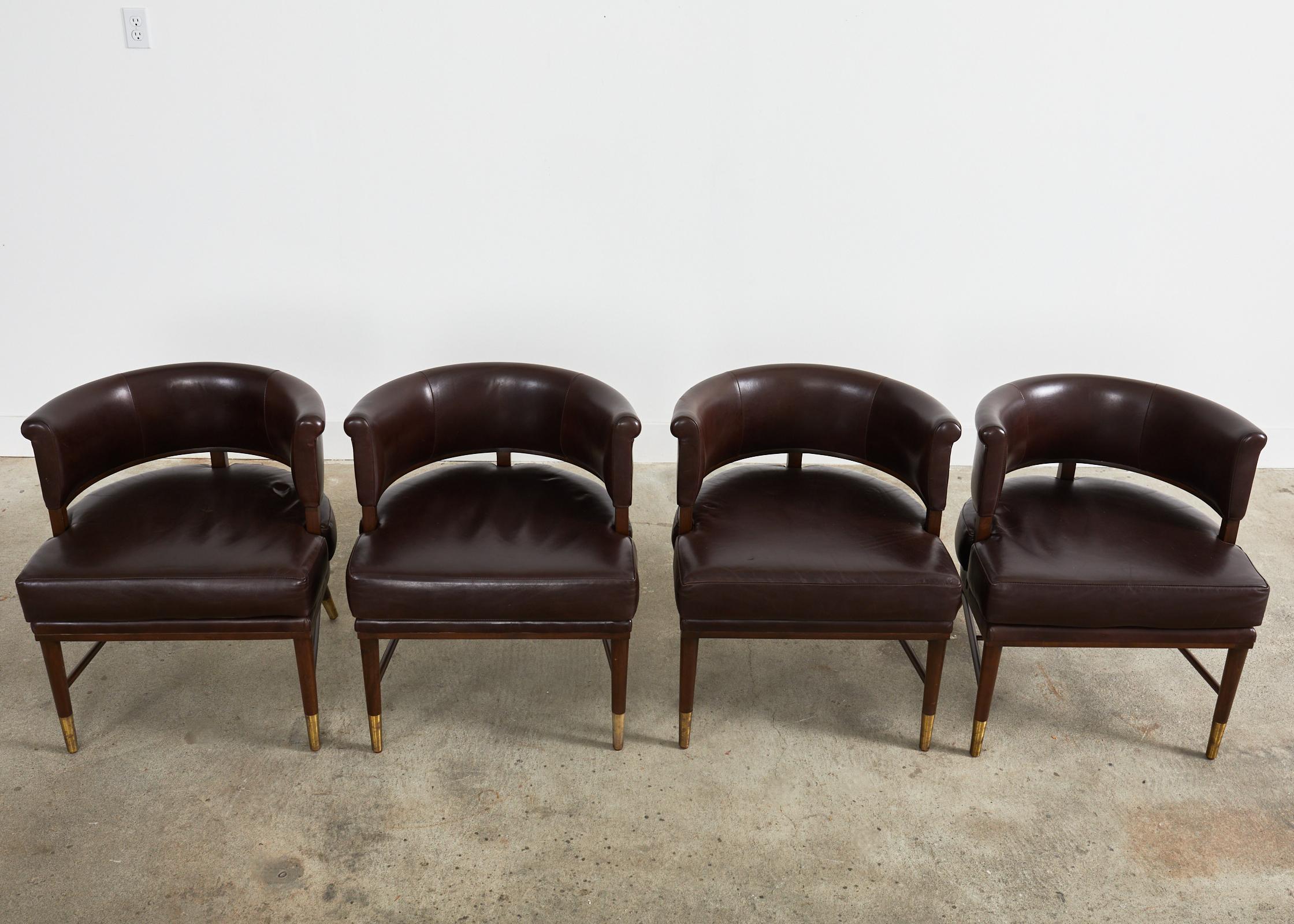 Set of Four Dunbar Style Leather Barrel Back Lounge Chairs For Sale 4