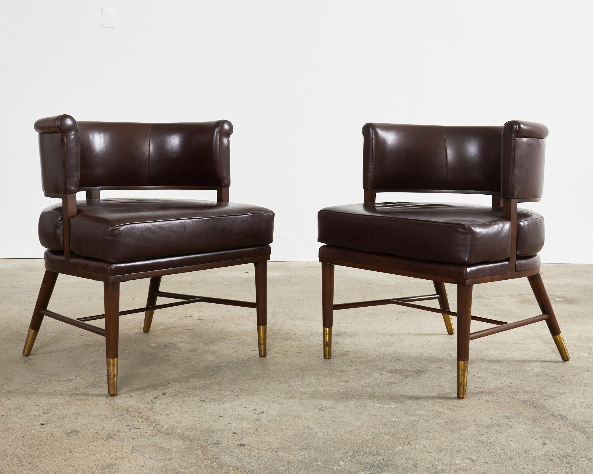 American Set of Four Dunbar Style Leather Barrel Back Lounge Chairs For Sale