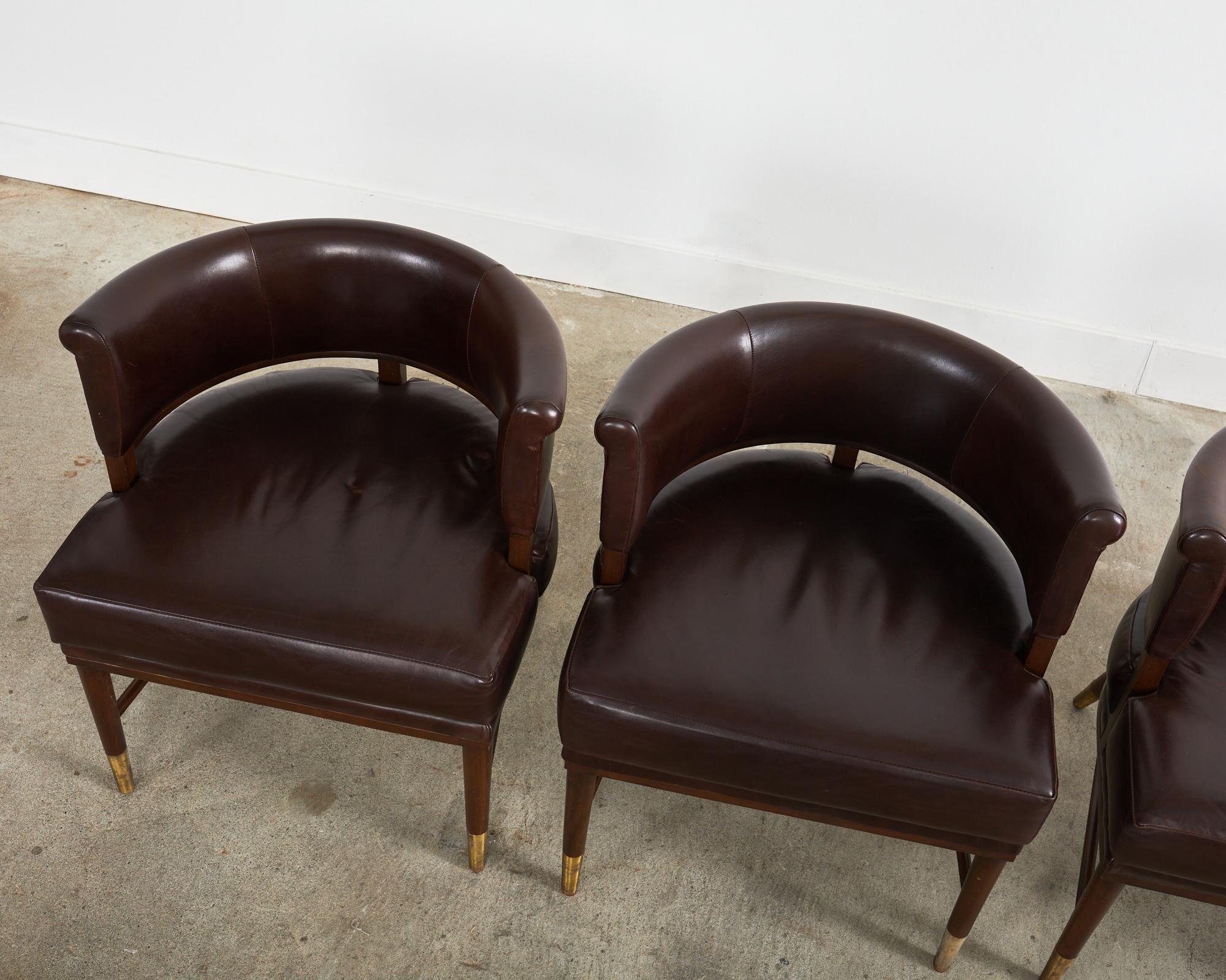 Patinated Set of Four Dunbar Style Leather Barrel Back Lounge Chairs For Sale