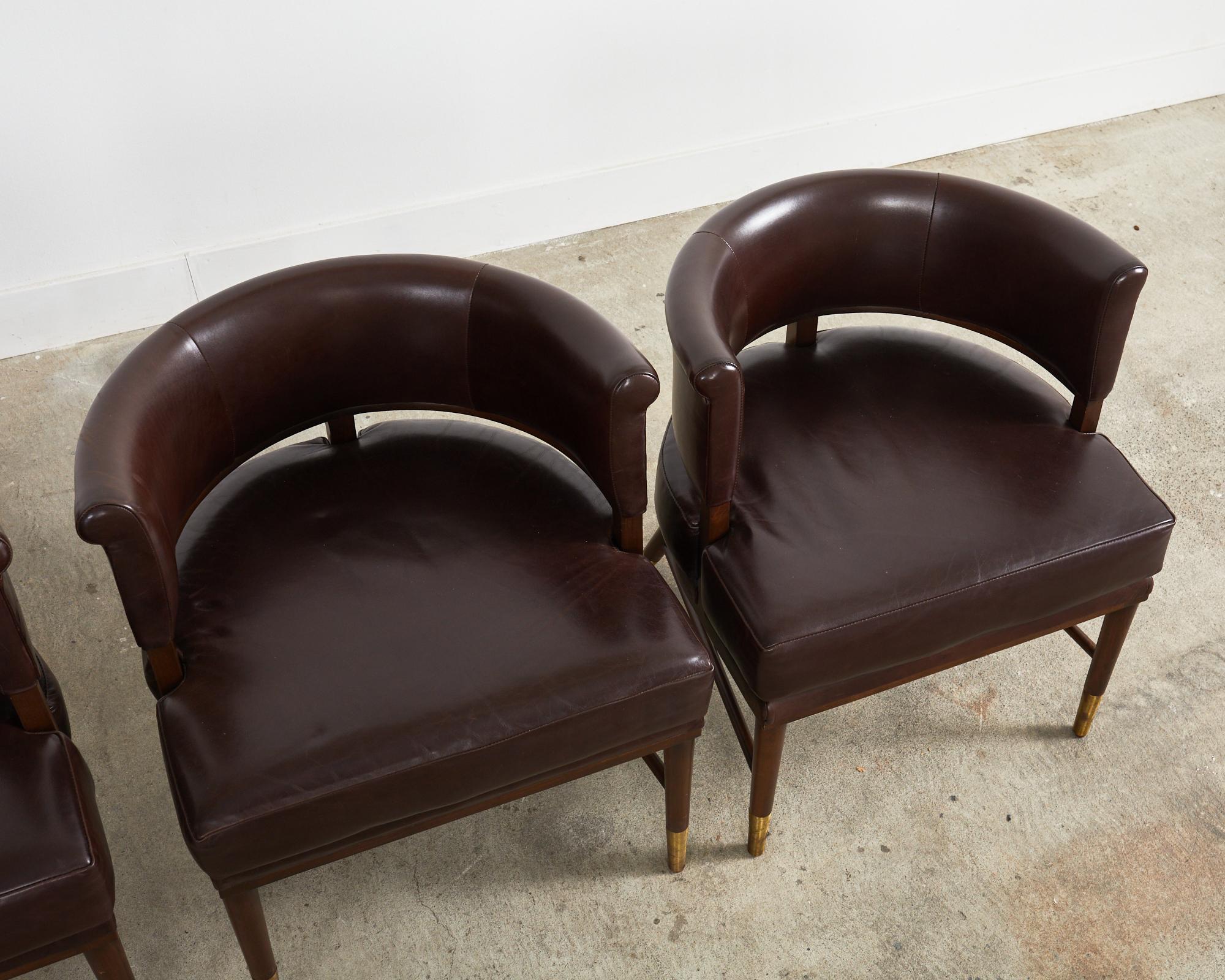 Set of Four Dunbar Style Leather Barrel Back Lounge Chairs In Good Condition For Sale In Rio Vista, CA