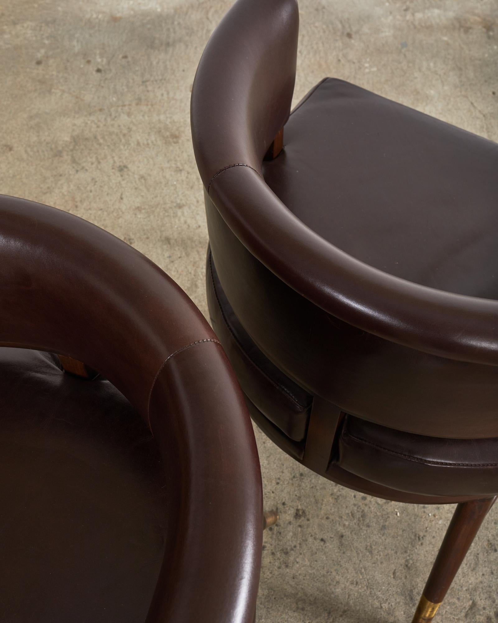 20th Century Set of Four Dunbar Style Leather Barrel Back Lounge Chairs For Sale