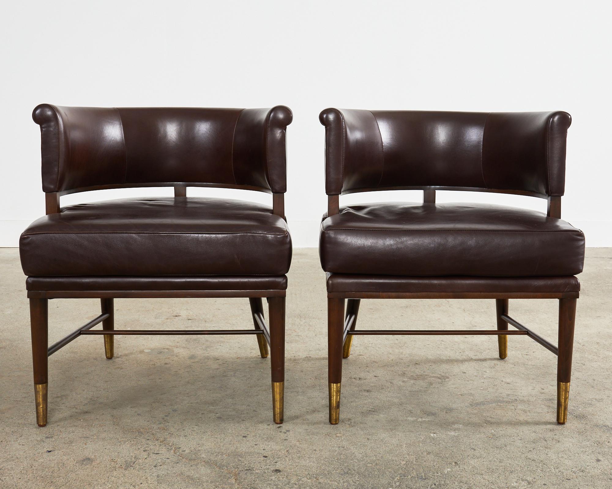 Brass Set of Four Dunbar Style Leather Barrel Back Lounge Chairs For Sale