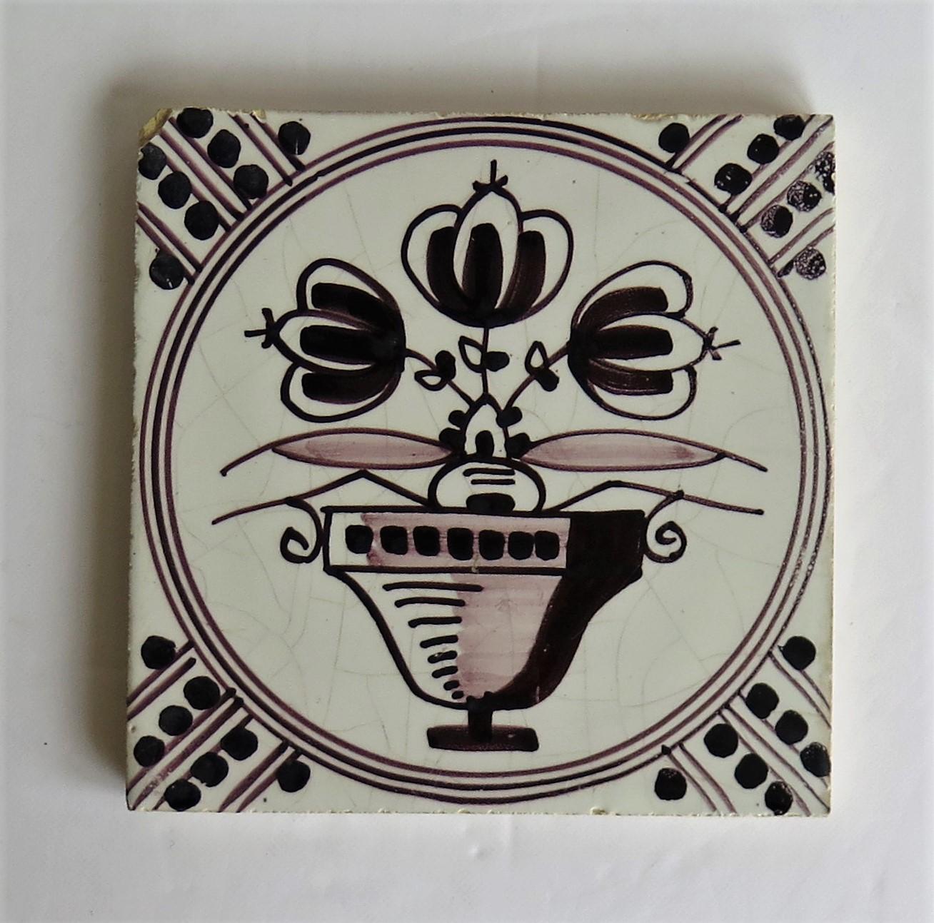 Set of FOUR Dutch Delft Earthenware Tiles Manganese Hand Painted, Mid 19th C. 5