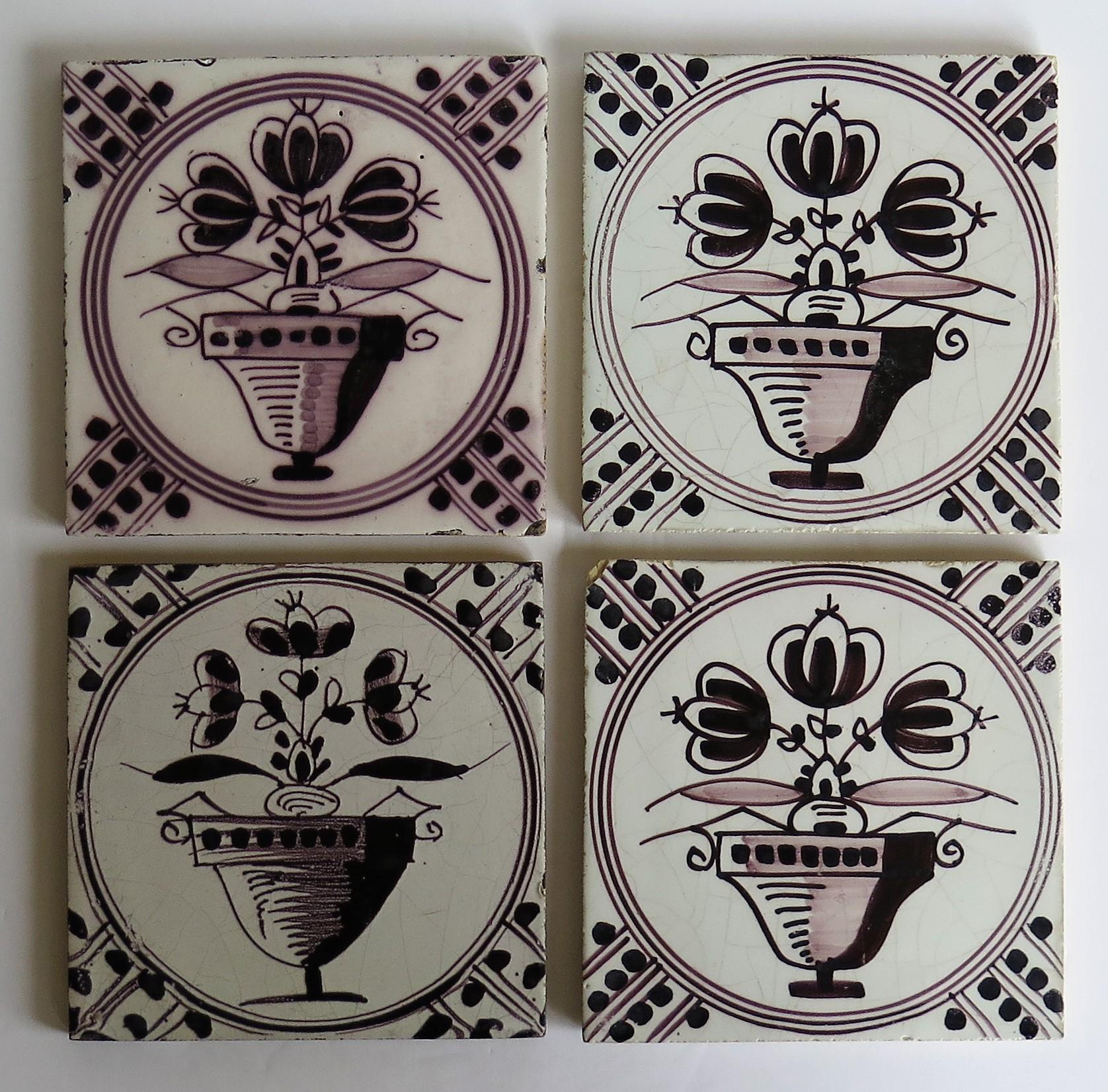 Dutch Colonial Set of FOUR Dutch Delft Earthenware Tiles Manganese Hand Painted, Mid 19th C.